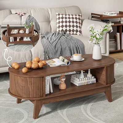 Roomfitters Mid-Century Coffee Table, Wooden Oval Fluted Center Table With Charging Station And Sliding Tambour Doors, Natural - Bed Bath & Beyond - 43530362