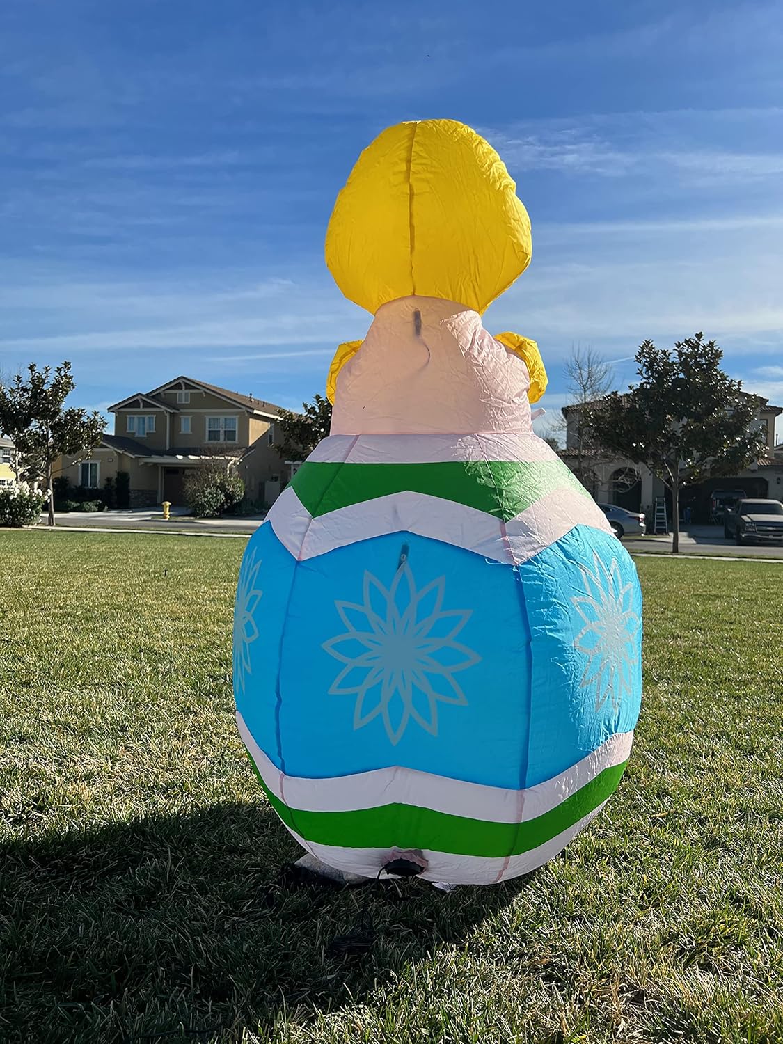 4 Foot Tall Easter Inflatable Yellow Baby Chick with Red Flower and Blue Egg Pre-Lit LED Lights Outdoor Indoor Holiday Blow up Lighted Yard Lawn Home Family Outside Decor Party Decoration