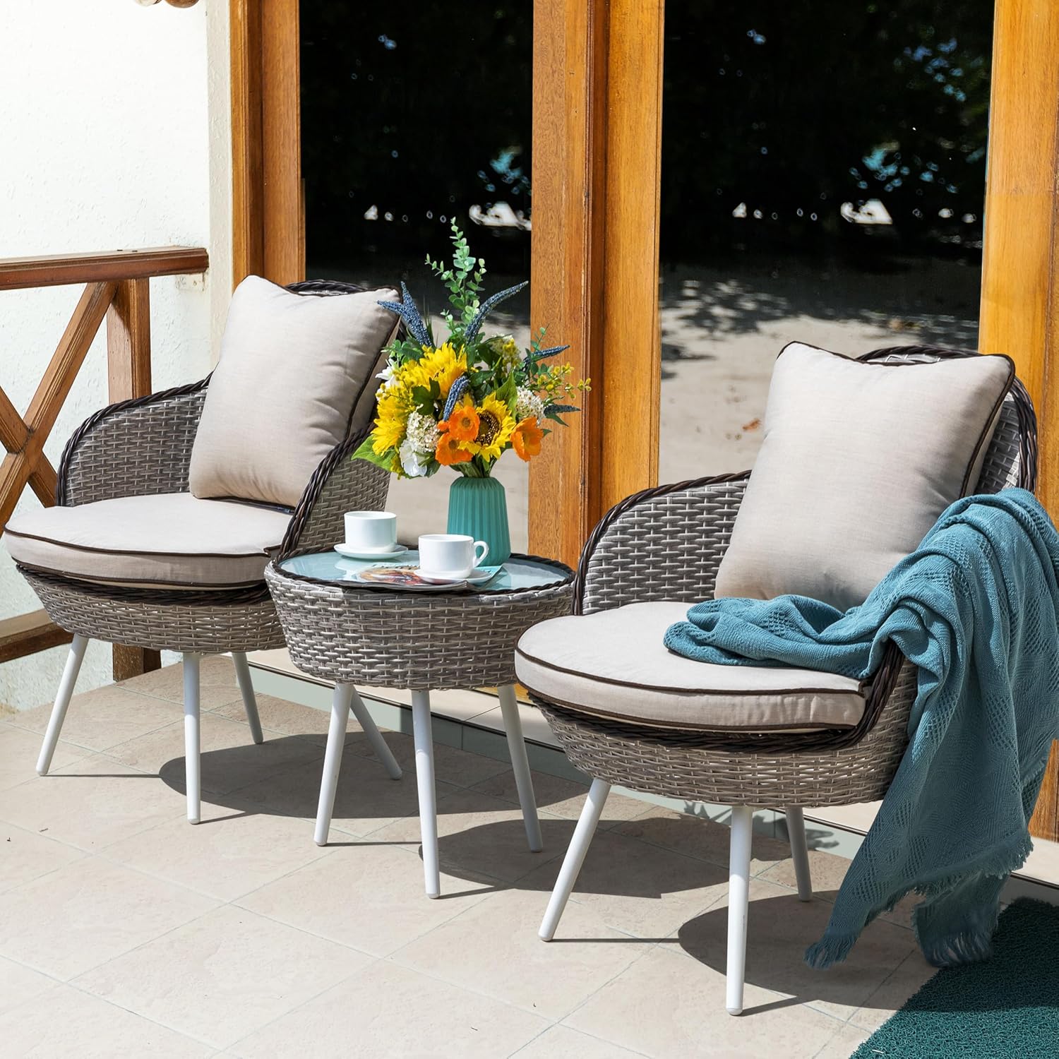 NUU GARDEN Outdoor 3-Piece Patio Set, Bistro Sofas for 2 Person with Bistro Table and Cushions for Balcony Garden Backyard Restaurant Cafe Bar, All-Weather Rattan, White and Light Coffee
