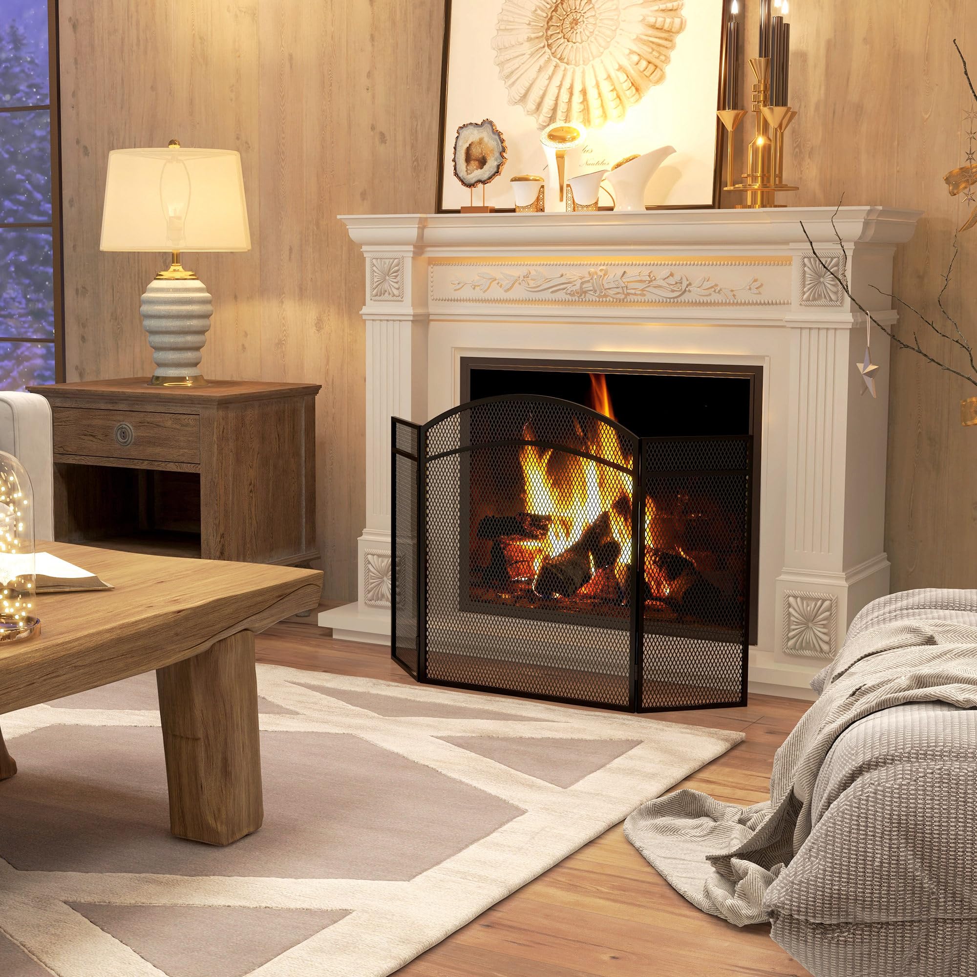 HOMCOM Pare-feu cheminée Pliable 3 Panneaux, Grille de Protection en Maille avec Motif Chevron, 96x60 cm, Métal Noir