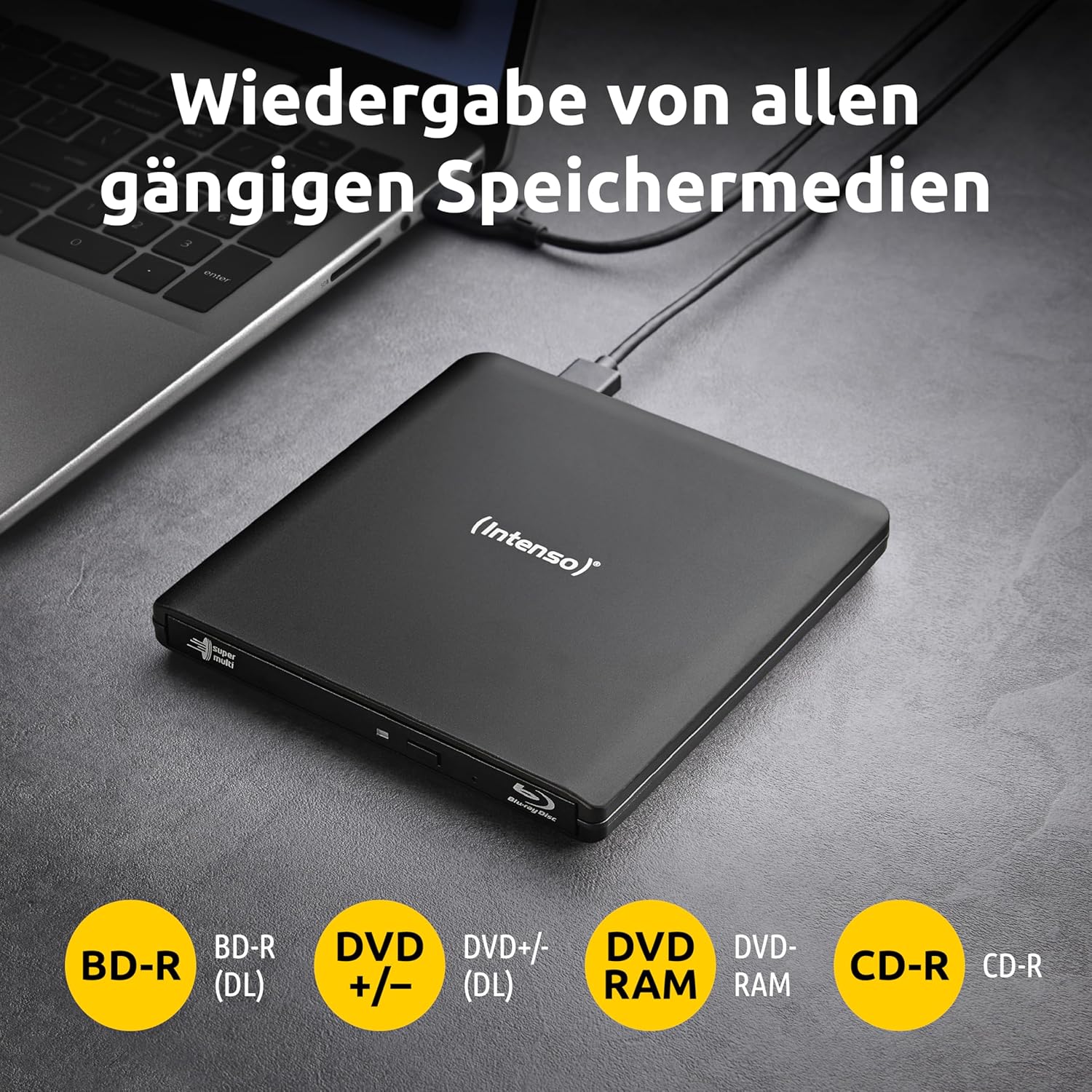 Intenso EOD 500BD Slim USB 3.2 External Blu-ray Drive Burner for Laptop, Desktop PC, iMac, MacBook, Windows, MacOS, Includes Free Ashampoo Burning Studio Burning Software (Black)