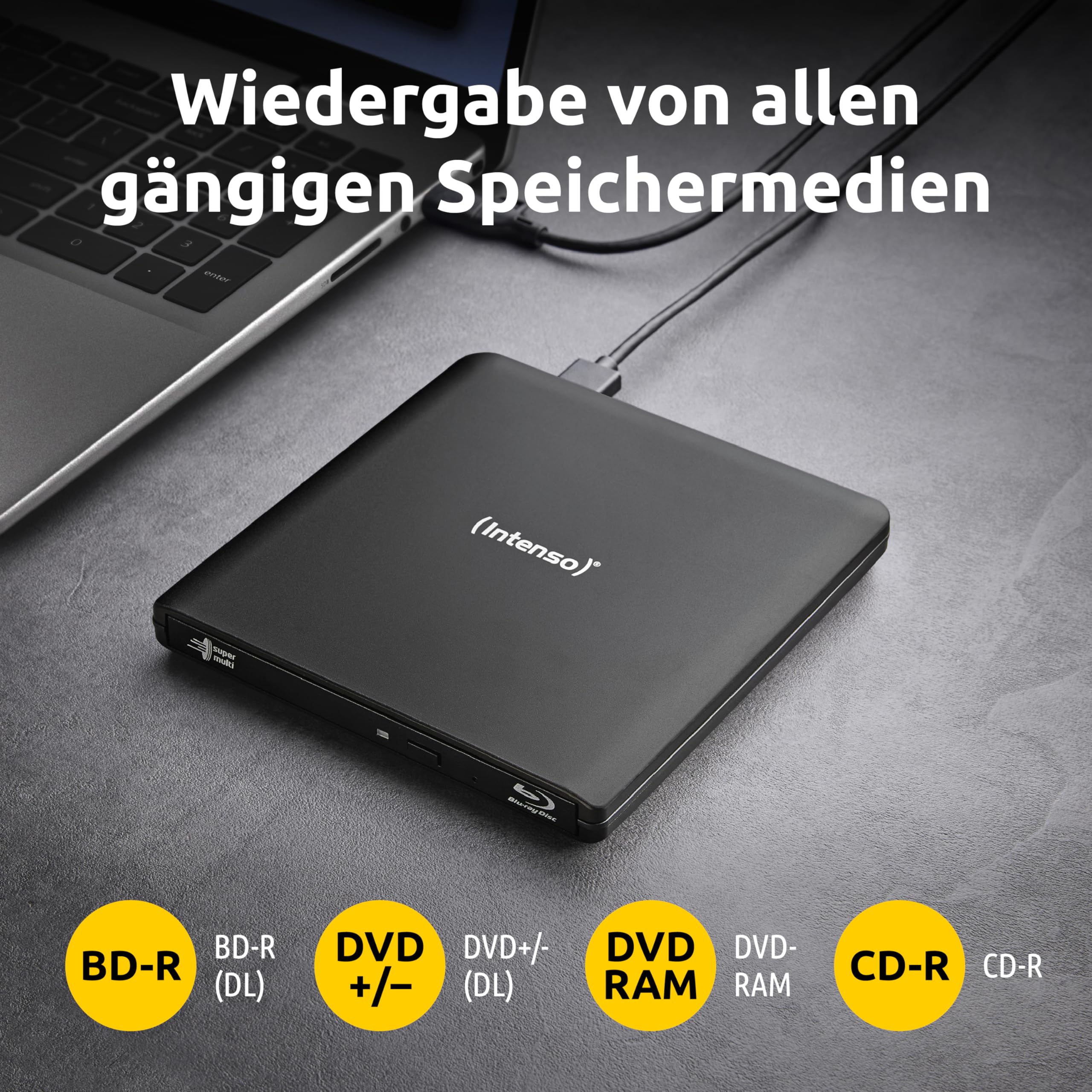 Intenso Lecteur Blu-Ray Externe Graveur Externe EOD 500BD Slim USB 3.2 pour Ordinateur Portable Bureau PC iMac MacBook Windows MacOS + Logiciel de Gravure Gratuit Ashampoo Burning Studio Noir