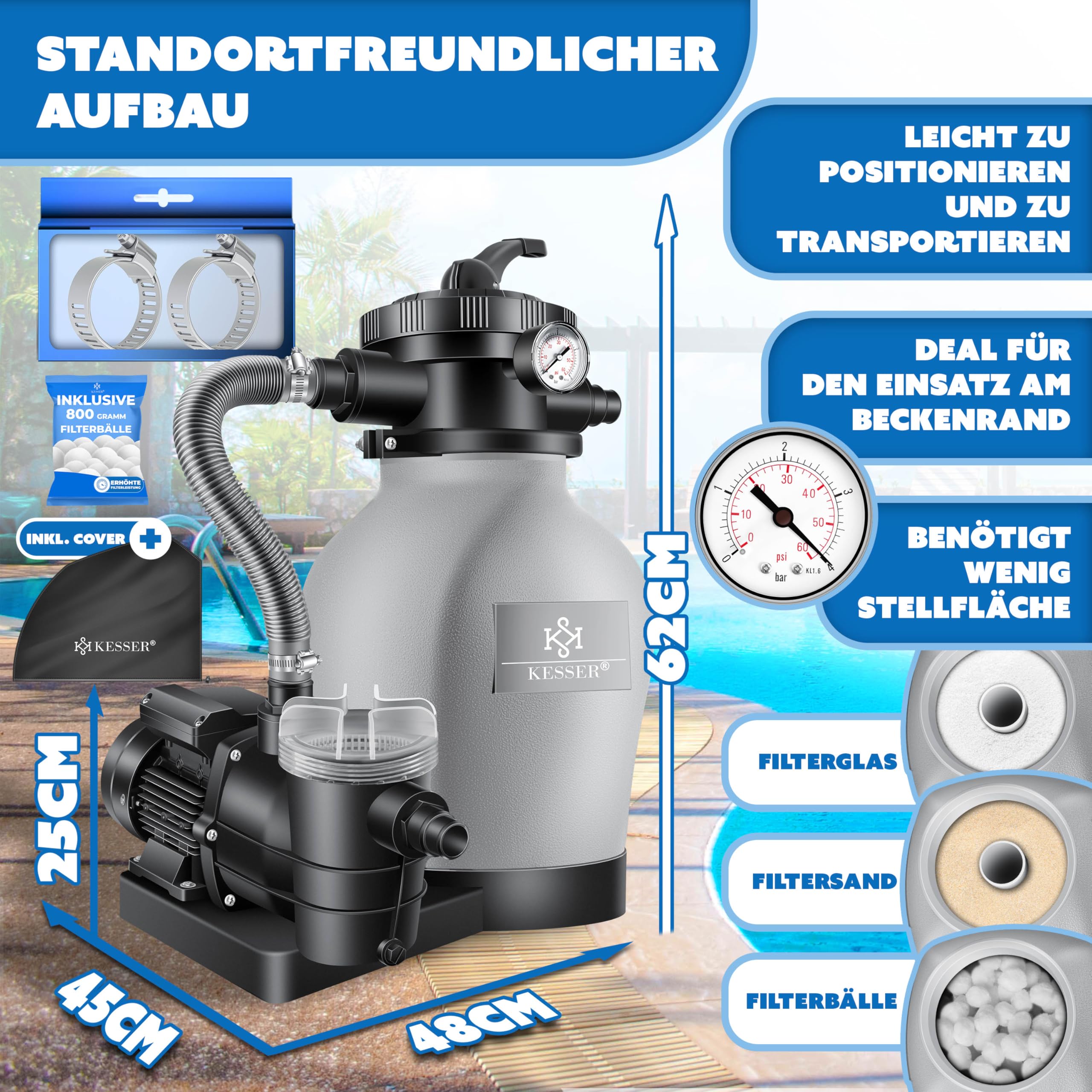 KESSER Sistema de filtro de arena + 700 g de bolas filtrantes reemplazan 25 kg Filtro de arena válvula de 7 vías con indicador de presión, filtro de piscina, 10 mġ/h tanque de filtro (gris)