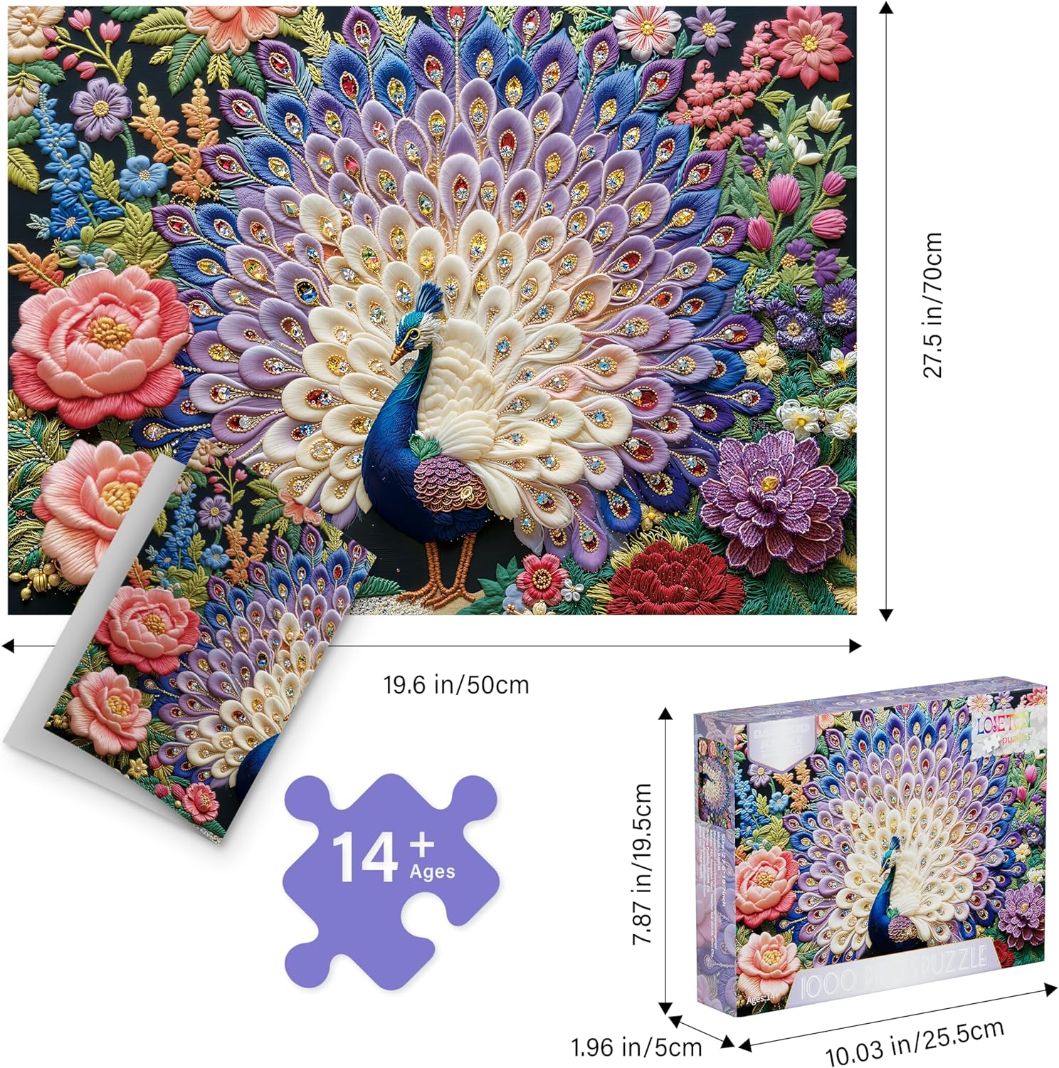 Crystal Peacock Puzzles for Adults 1000 Pieces, Pretty Embroidery Diamond Adults Puzzles,Perfectly Letter on Back No Dust, Matte Finish 3D Embroidery Puzzles Home Decor, 27.5" x 19.7" Gifts Games