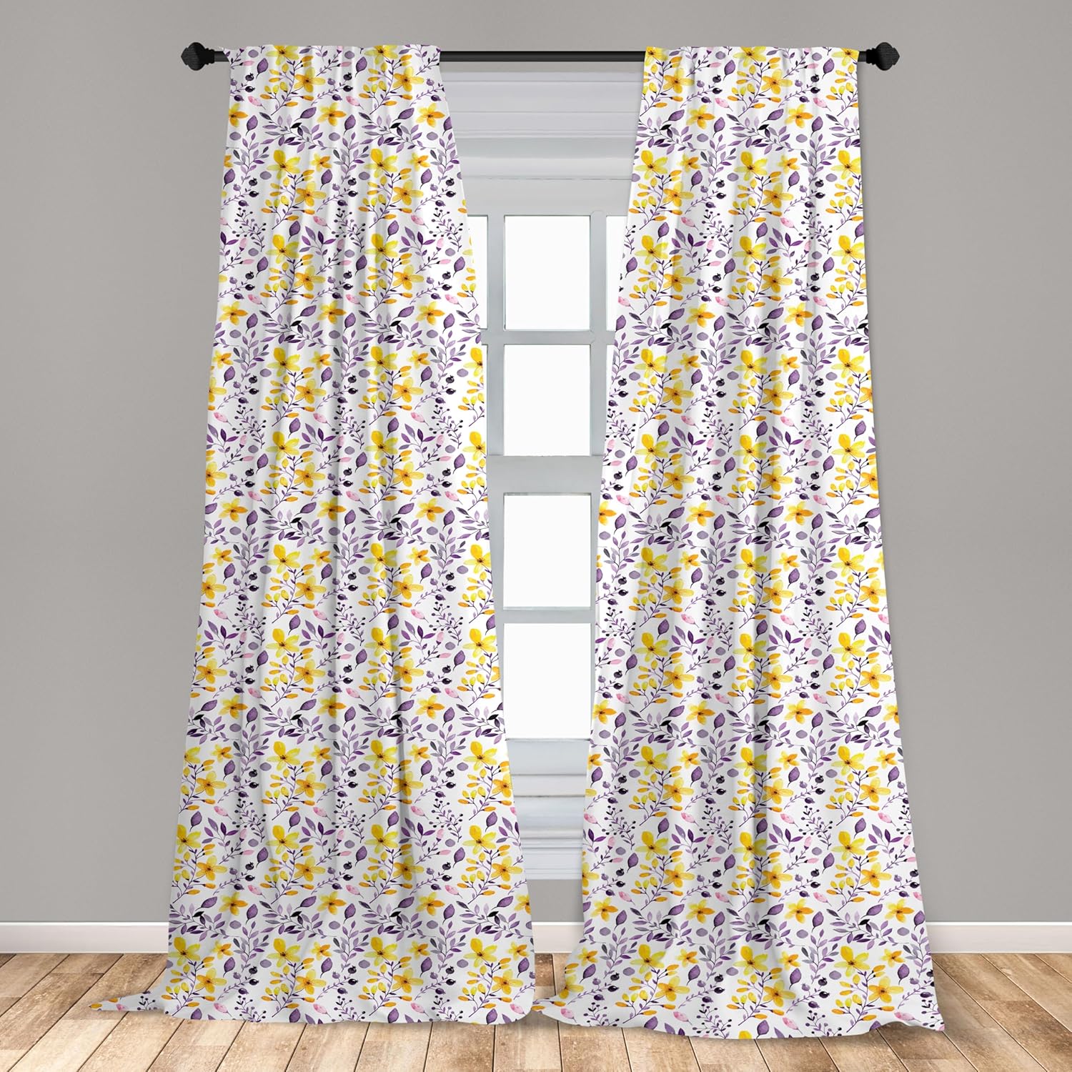 Ambesonne Watercolor Curtains, Yellow Wildflowers Spring Garden Botanical Foliage with Herbs, Window Treatments 2 Panel Set for Living Room Bedroom, Pair of - 28" x 63", Purple Yellow