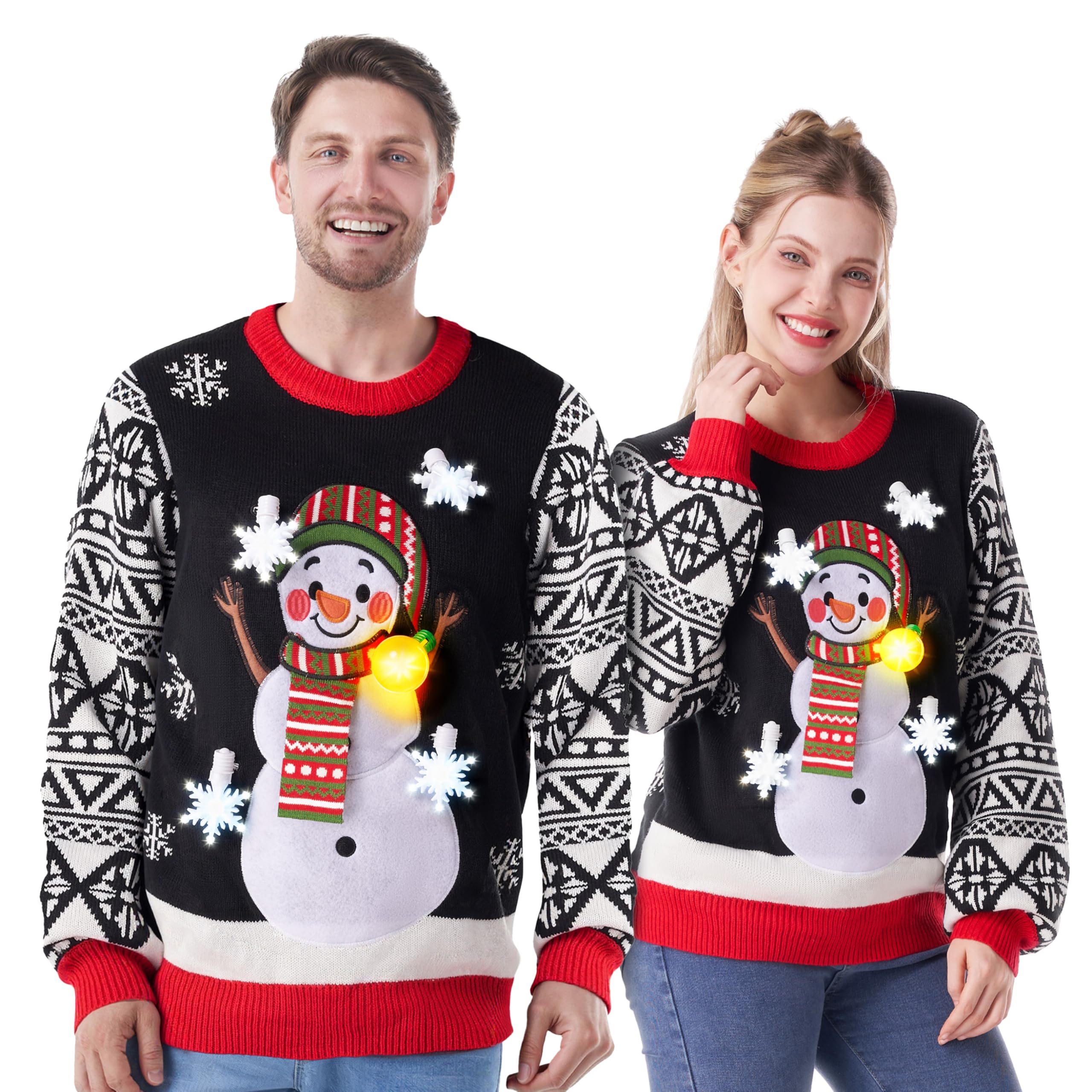 JOYIN Christmas Women Snowman Black Ugly Sweater, Light Bulb LED Light Up Xmas Knit Sweater for Women-S