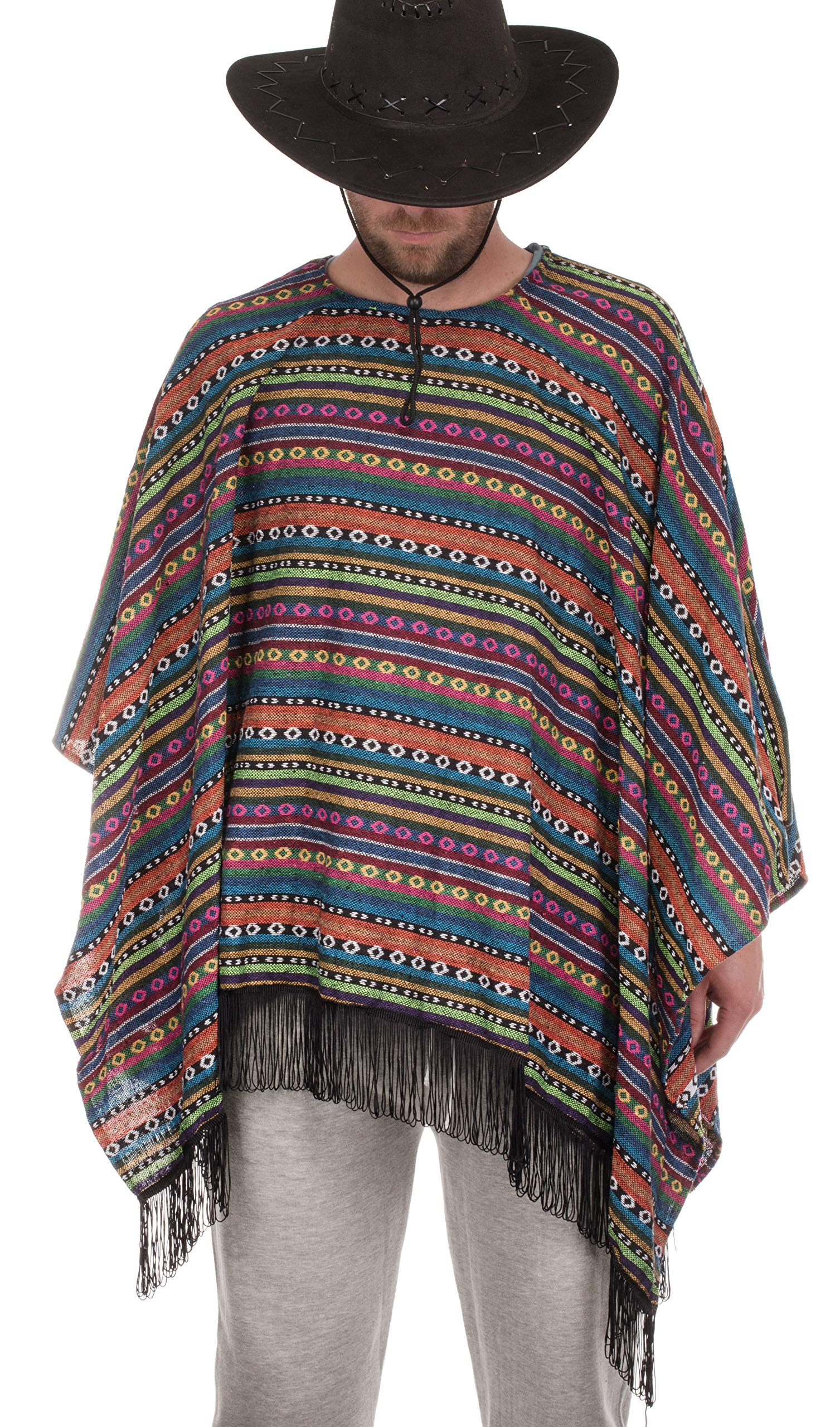 Brandsseller Poncho Mexiko mit Fransen Verkleidung Umhang Einheitsgröße für Erwachsene -gewebte Struktur- Mehrfarbig