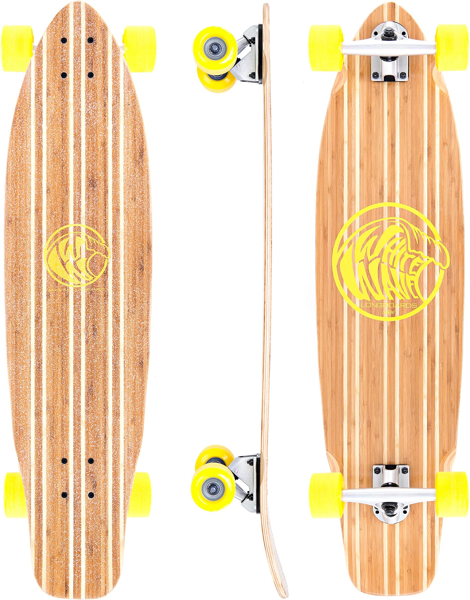 White Wave Bamboo Longboard Skateboard. Cruiser Drop Deck Long Board for Cruising, Carving and Freestyle Fun - Ideal Great Board for Beginner, Intermediate, or Advanced Riders.