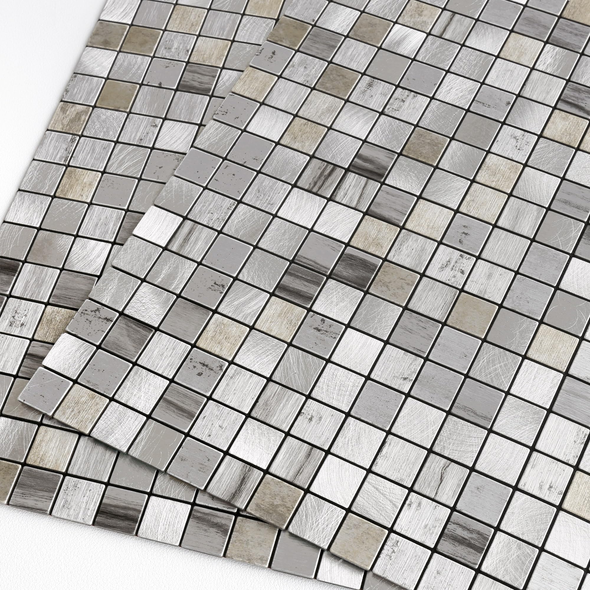 Mosaikfliesen Selbstklebend Küche 3D Wandfliesen Aufkleber Metallfliesen Quadratisch Grau 10 Stück