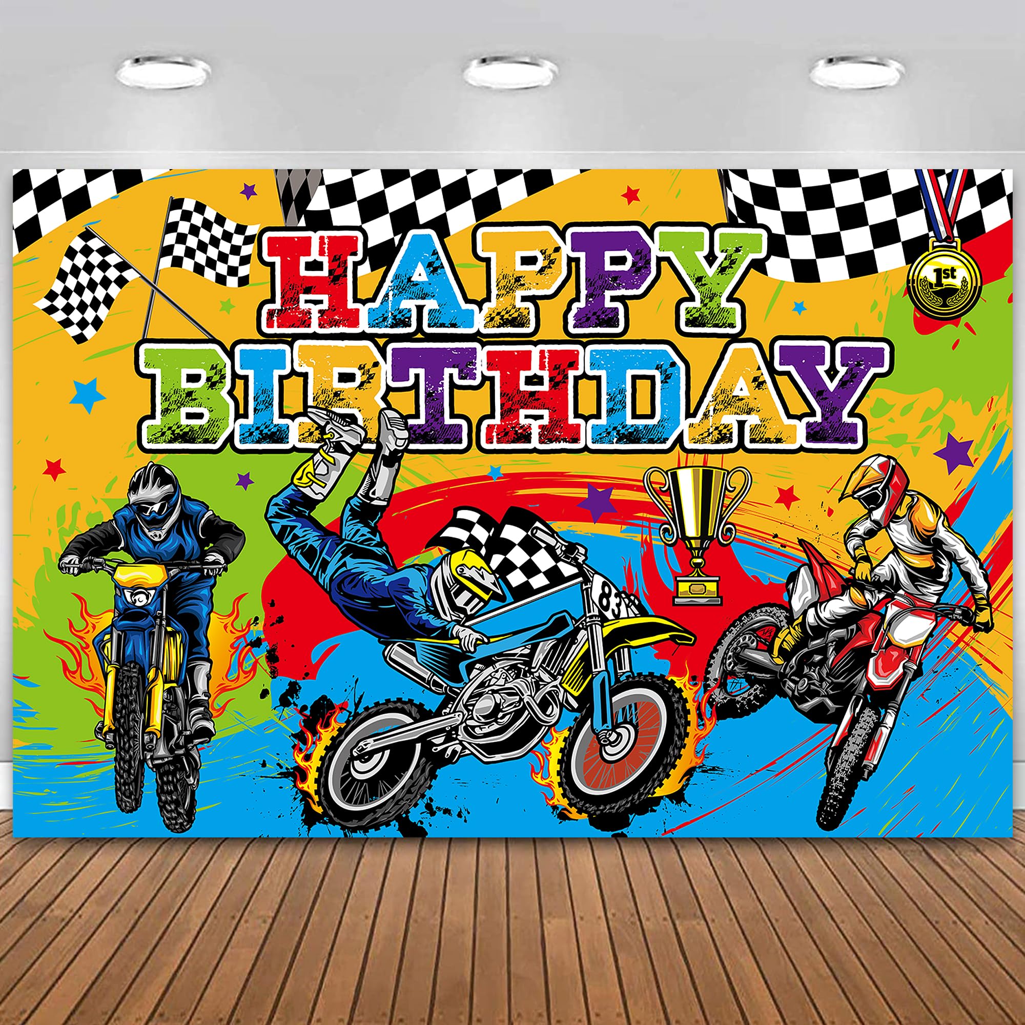 Dirt Bike Birthday Decoration Backdrop Banner Motocross Photography Backdrop, for Kids Boys Girls Motorcycle Extreme Sports Birthday Decorations, 70 x