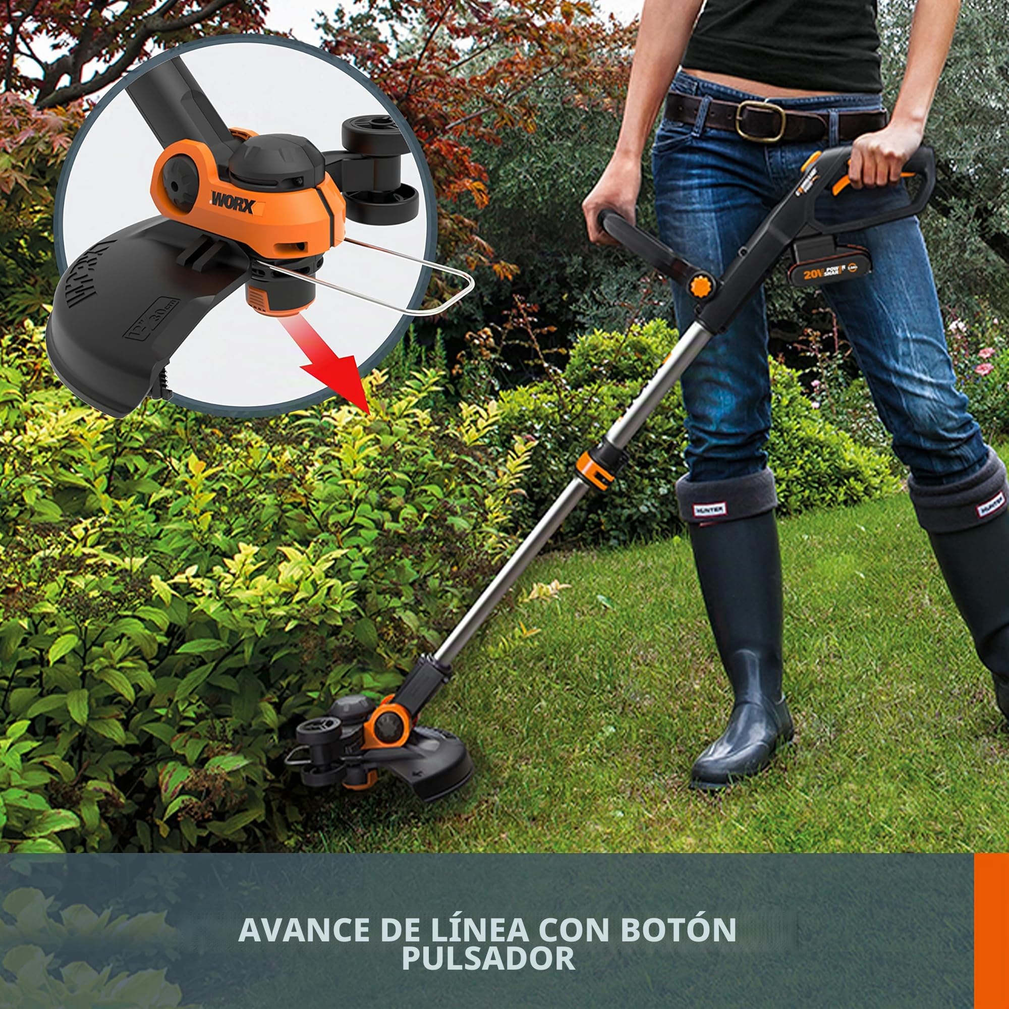 WORX WG163E.2 - Desbrozadora con batería de 20 V, 2 en 1 con cabezal giratorio de 90°, diámetro de corte de 30 cm, mango telescópico (incluye batería de 2 Ah y cargador)