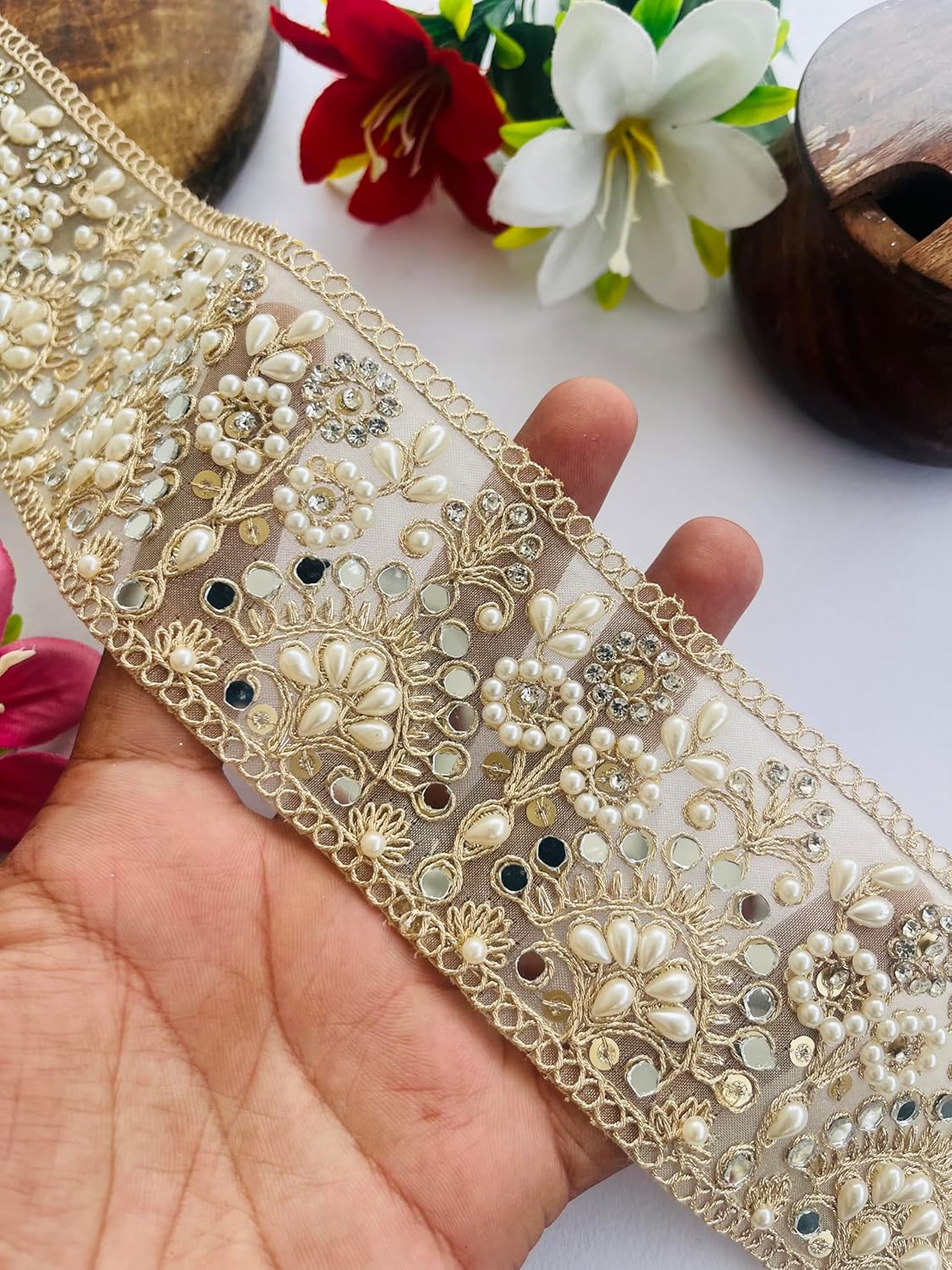 Pale Gold Zari Lace Trim with Pearl & Mirror Work – 2.75 Inch Wide Indian Embroidered Border for Sarees, Dresses, Crafts & Home Décor – 1, 3, 6 Yard Options (1)