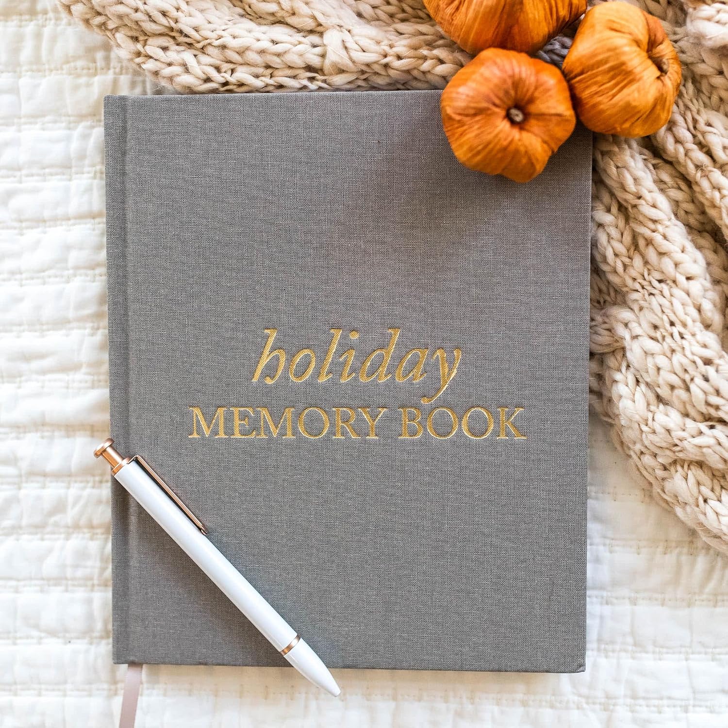 Holiday Memory Book - Linen Photo Scrapbook Album for Thanksgiving & Christmas Memories - Photo Journal Keepsake for Traditions (Taupe, 105 Pages)