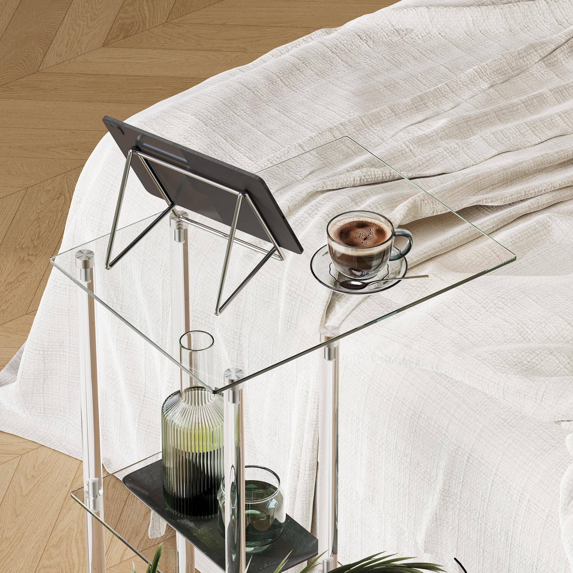 Tavolino da Letto in Vetro Trasparente con Ruote C Shape LET525TR | Tavolino da Letto|Vetro Trasparente|Con Ruote Mobili|C Shape|Per Soggiorno Camera