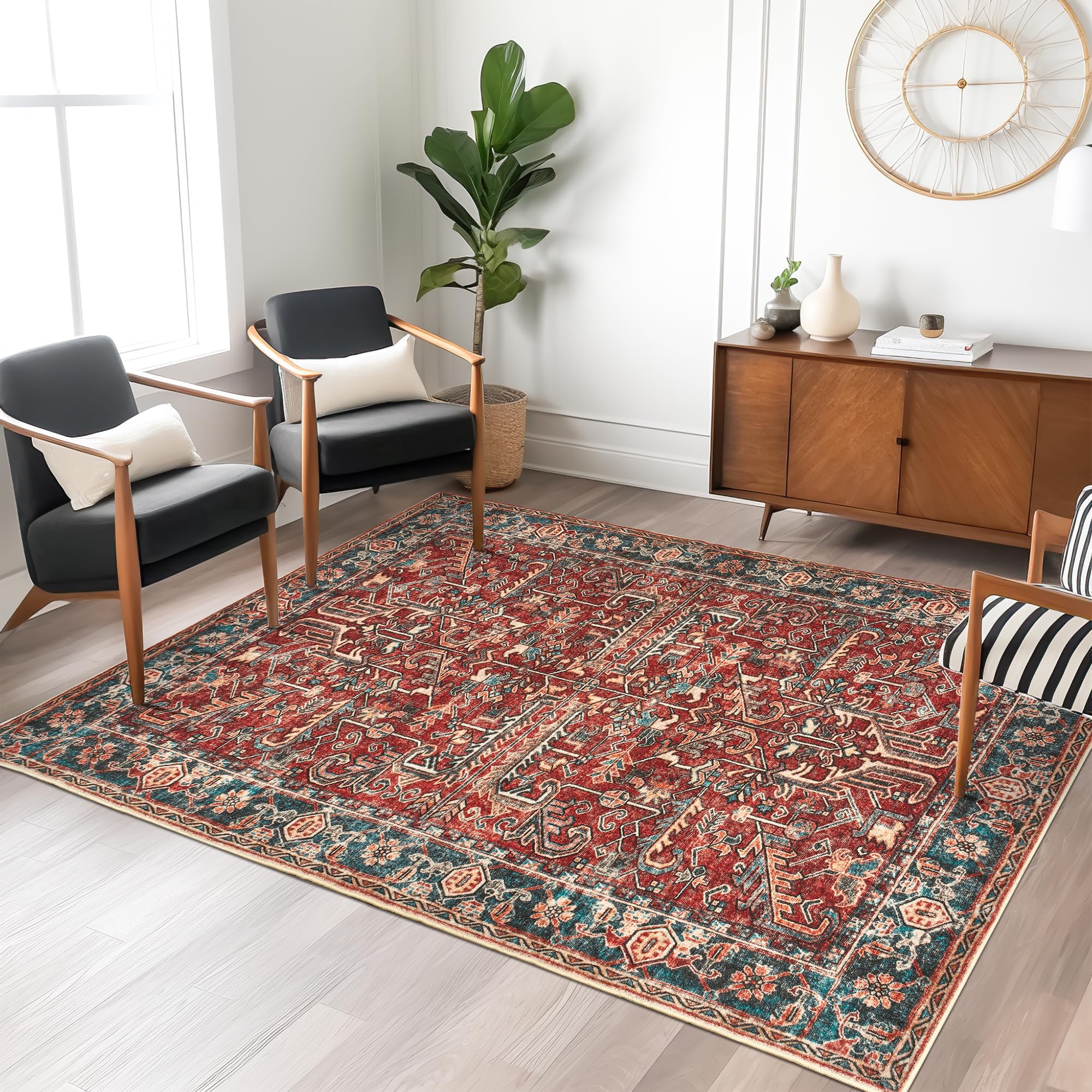 Valenrug Washable Rug 3x5 - Ultra-Thin Antique Collection Area Rug, Stain Resistant Rugs for Living Room Bedroom, Distressed Vintage Rug(Red, 3'x5')