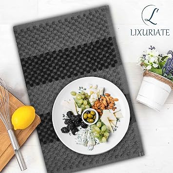 Stripe Designed Tea Towels for Kitchen - 100% Cotton | Super Absorbent & Quick Drying Hotel Quality Kitchen Towels Set | Machine Washable for Everyday Use (Grey & Black, 5 Pack)