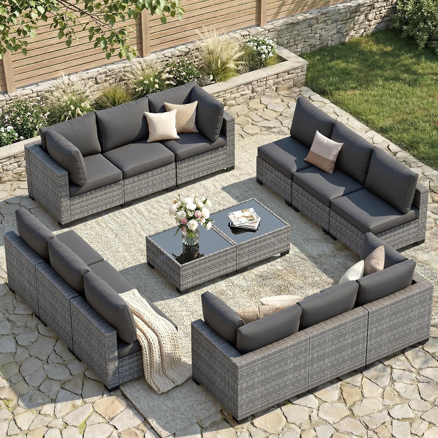 FHFO Patio Furniture Set, 14-Piece Wicker Patio Sectional Sofa Couch, Rattan Outdoor Conversation Set with Thick Cushion & Tempered Glass Coffee Table for Porch, Garden, Backyard, Grey/Dark Grey