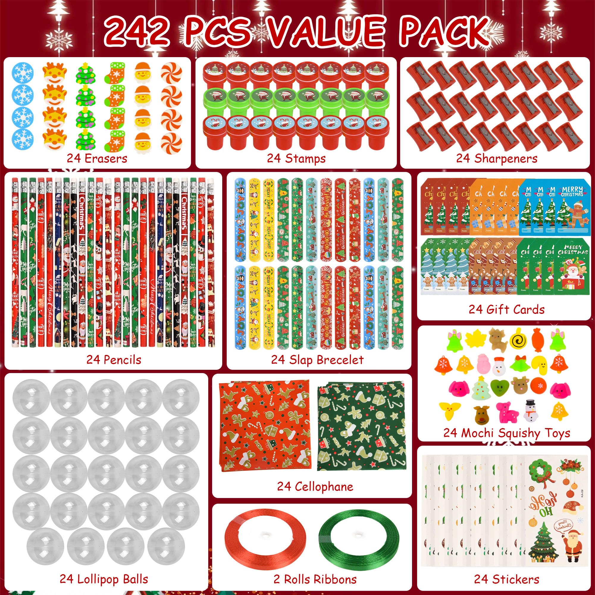 Confezione da 24 forniture per feste di Natale, regali di ritorno per studenti di cancelleria da insegnante lecca-lecca gigante con biglietti regalo, matite, gomme, temperamatite per scambio