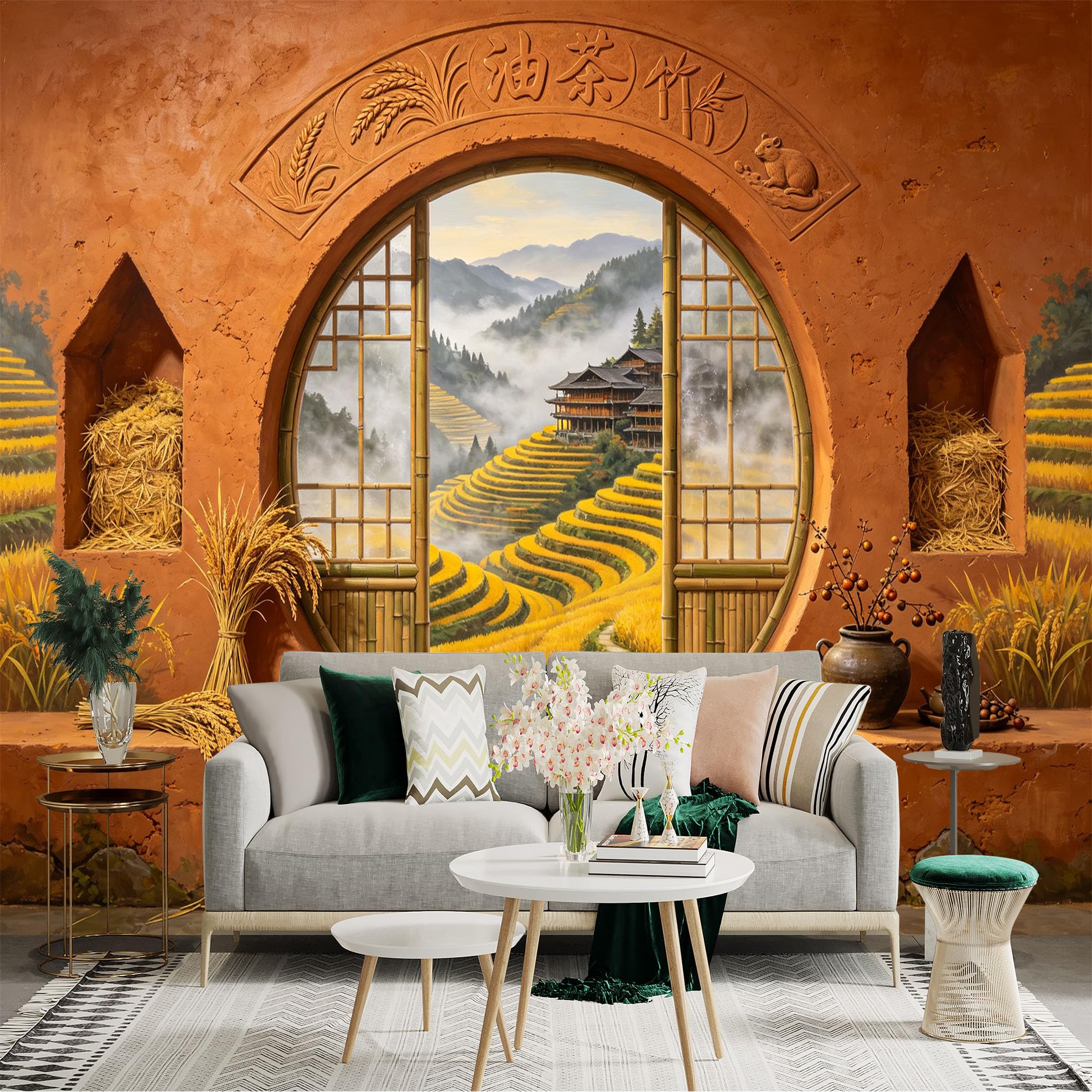 Custom Size Wall Sticker Mural， Rustic Rice Terrace Landscape， Mountain Village and Autumn Harvest， for wall Decoration， peelandstick wall Decals.
