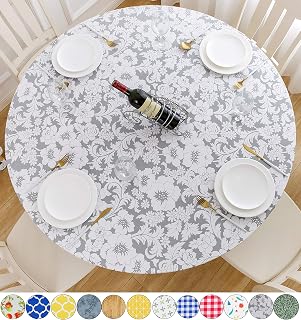 Rally Home Goods Indoor Outdoor Patio Round Fitted Vinyl Tablecloth, Flannel Backing, Elastic Edge, Waterproof Wipeable Plastic Cover, Floral White Pattern for 5-Seat Table of 36-44’’ Diameter