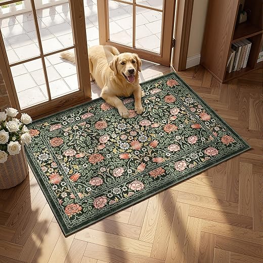 GarveeHome Dark Green Vintage Floral Small Rug 2x3 Door Mat Indoor Rugs for Entryway Washable Non-Slip TPE Backing Soft Low-Pile Rugs for Bathroom Bedroom Kitchen Entrance