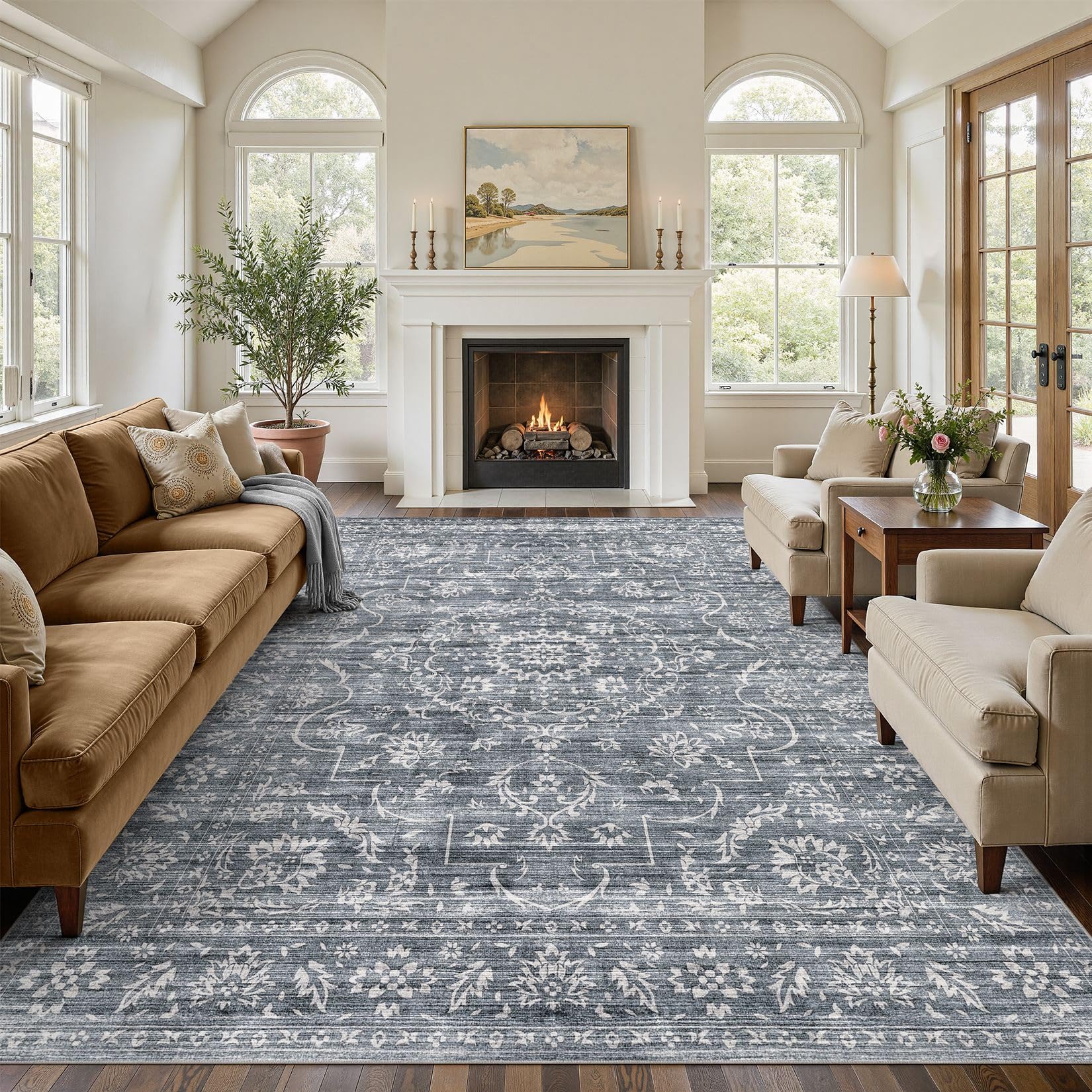 5x7 Area Rugs Living Room: Washable Large Vintage Beige Rug Neutral Non-Slip Soft Stain Resistant Indoor Carpet for Bedroom Nursery Dining Room Under Table Bed Home House Office Playroom — view 23