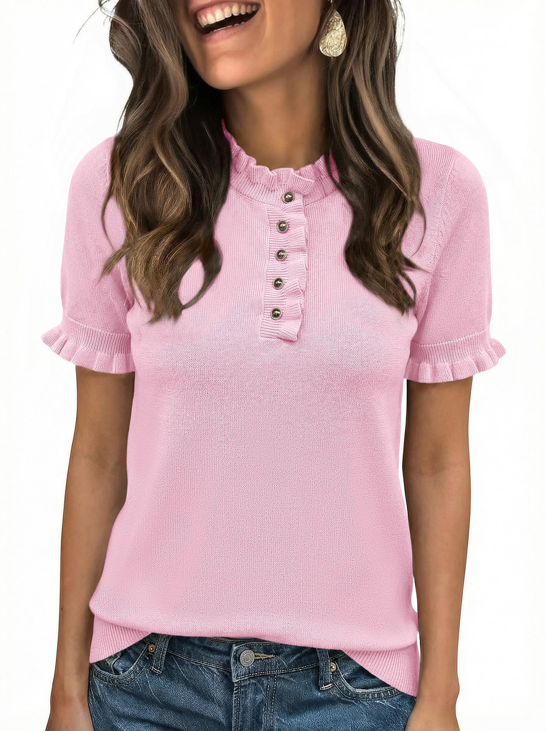 Womens Puff Short Sleeve Sweater Tops Ruffle Henley Neck Spring Summer Pullover Dressy Casual Knit Shirts-image-14