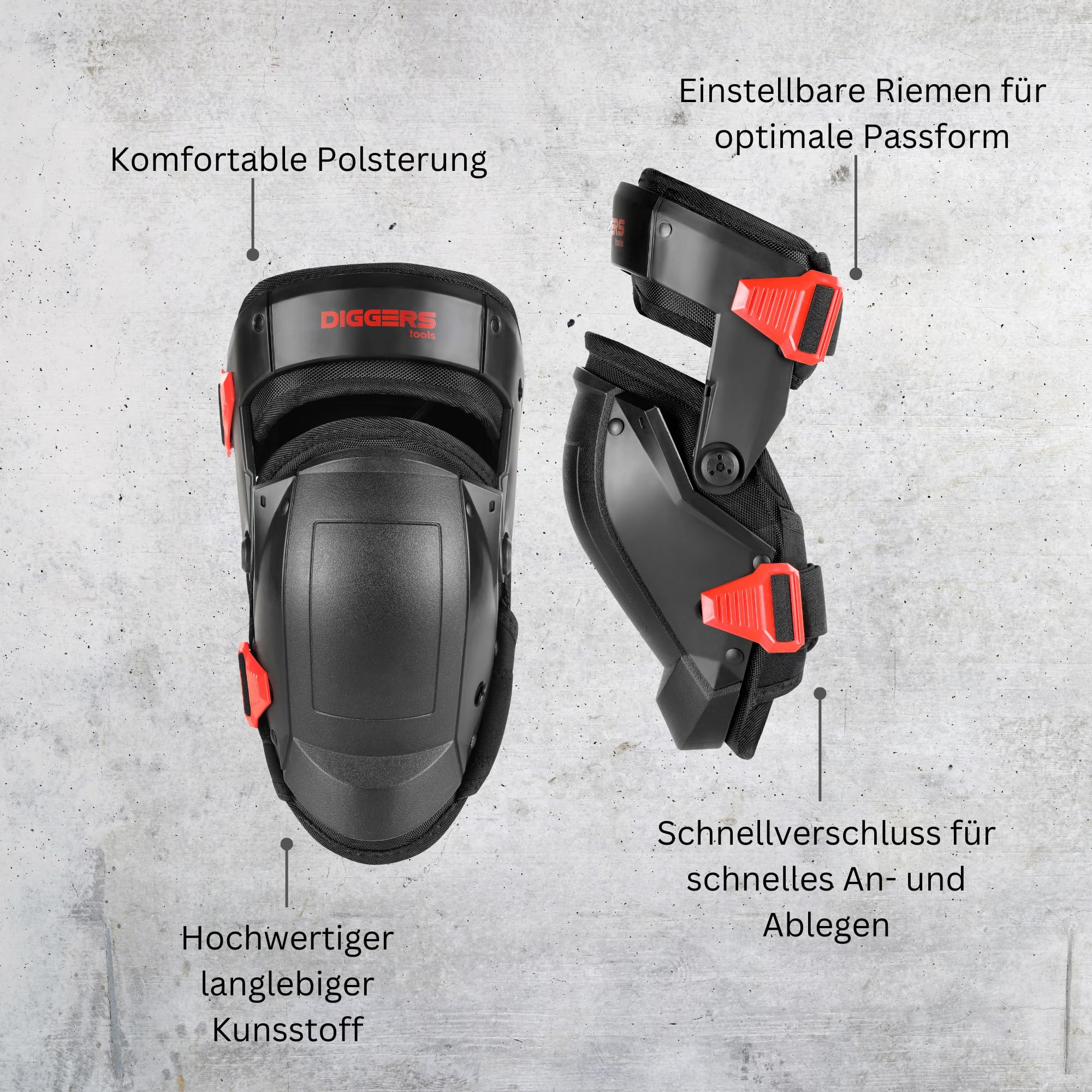 Diggers Tools Komfort Knieschützer mit Gelkissen [Perfekter Halt] Profi Kniepolster für Handwerker - Knieschoner Arbeiten - perfekt für Baustelle, Fliesenleger, Knee Pads, Knieschoner Arbeit