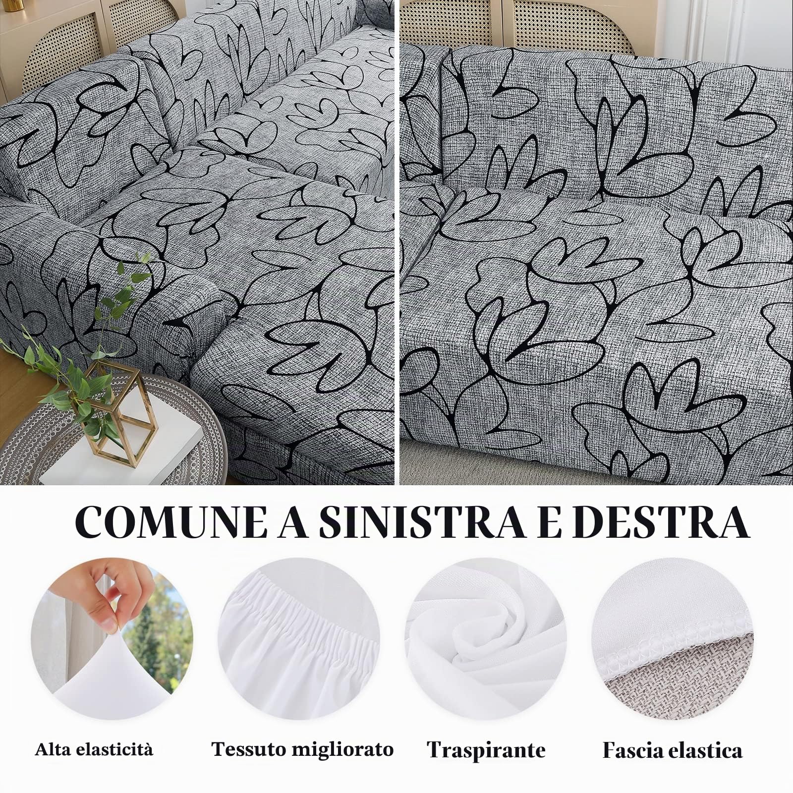 Jaotto Copridivano con Penisola Elasticizzato A Sinistra Destra, Fodere Copridivano Angolare Universale, Copri Divano Chaise Longue a Forma di L (3 posti+3 posti,stile grigio)