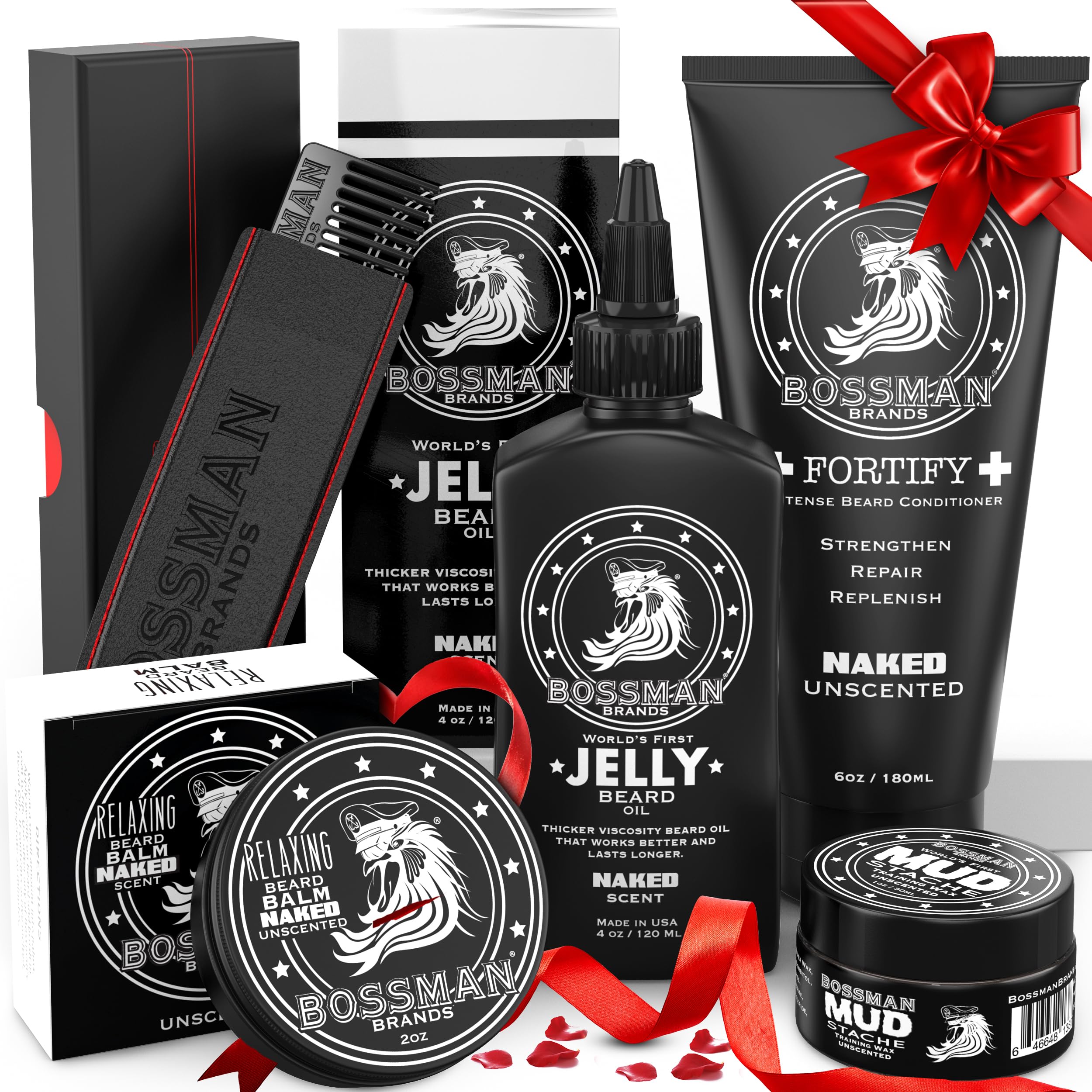 Bossman Complete Beard Kit – Men's Beard Oil Jelly, Fortifying Shower Conditioner, Balm, Mustache Wax & Comb – Beard Softener & Grooming Care – Men