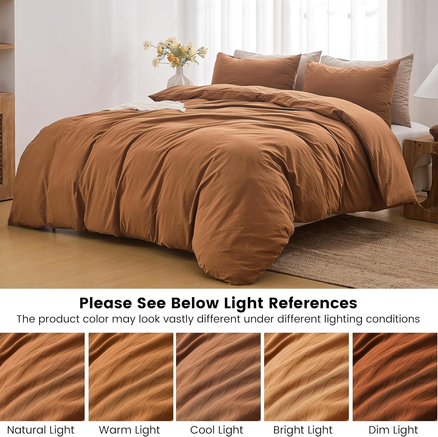 BISELINA 100% Washed Cotton Wave Jacquard Ripple Duvet Cover 3-Pieces Set,Solid,Boho Style, Comfortable, Breathable,Durable,Simple Design for All Seasons (Dark Orange, King)