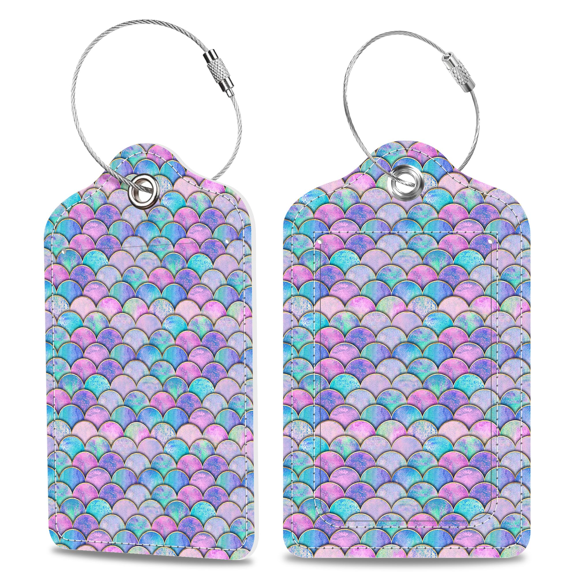 2 Pack Luggage Tags for Suitcase Watercolor Mermaid Fish Scale Wave Leather Stainless Steel Loop Label Tags for Women Men Travel Bag Suitcase with