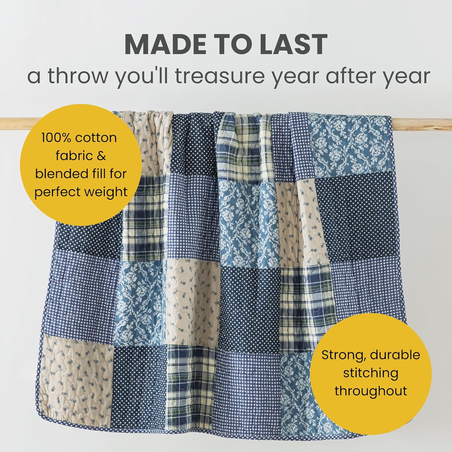 SLPR Cotton Quilted Throw Blanket, 50" x 60" Floral Farmhouse Patchwork Quilt, Shabby Chic Patchwork Throw Lap Quilt for Couch, Blue Symphony - Image 3