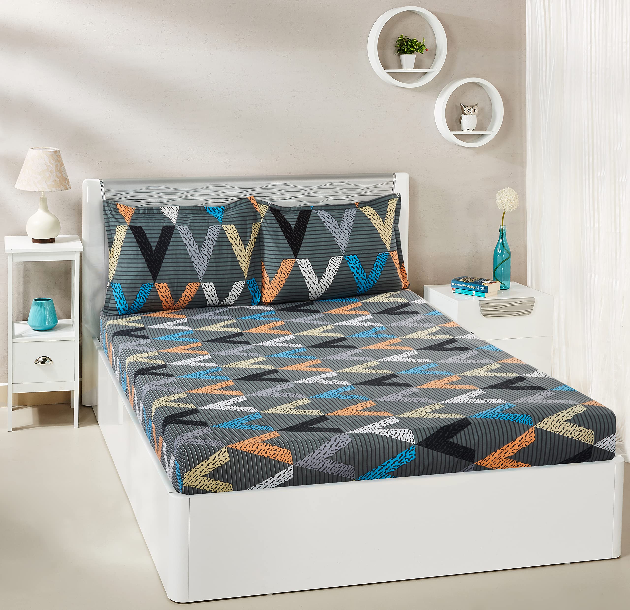 Amazon Brand - Solimo Polyester Kaleidoscope Siesta Floral Double Bedsheet with 2 Pillow Cover, Multicolor, 120 GSM, 144 Tc