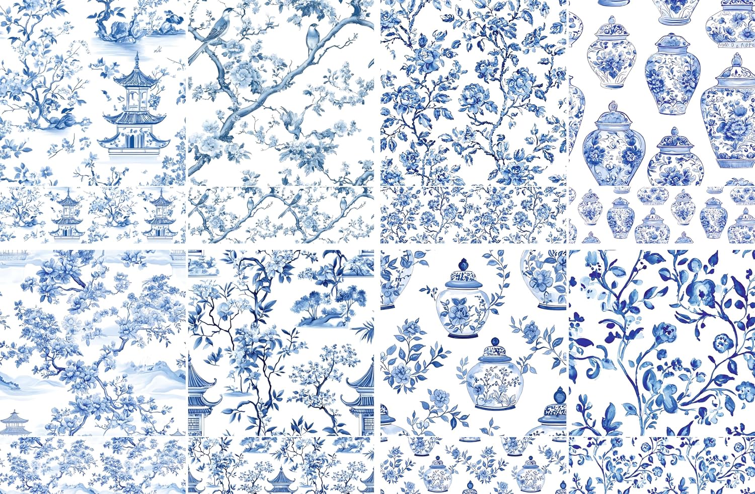 Asian Toile Decoupage Rice Papers, 8 x 11.5 inch (A4) - 4 Sheets | 16 Pieces | 8 Unique Designs | Versatile Designs for Art Projects & Crafting by CRAFT KREATIVELY