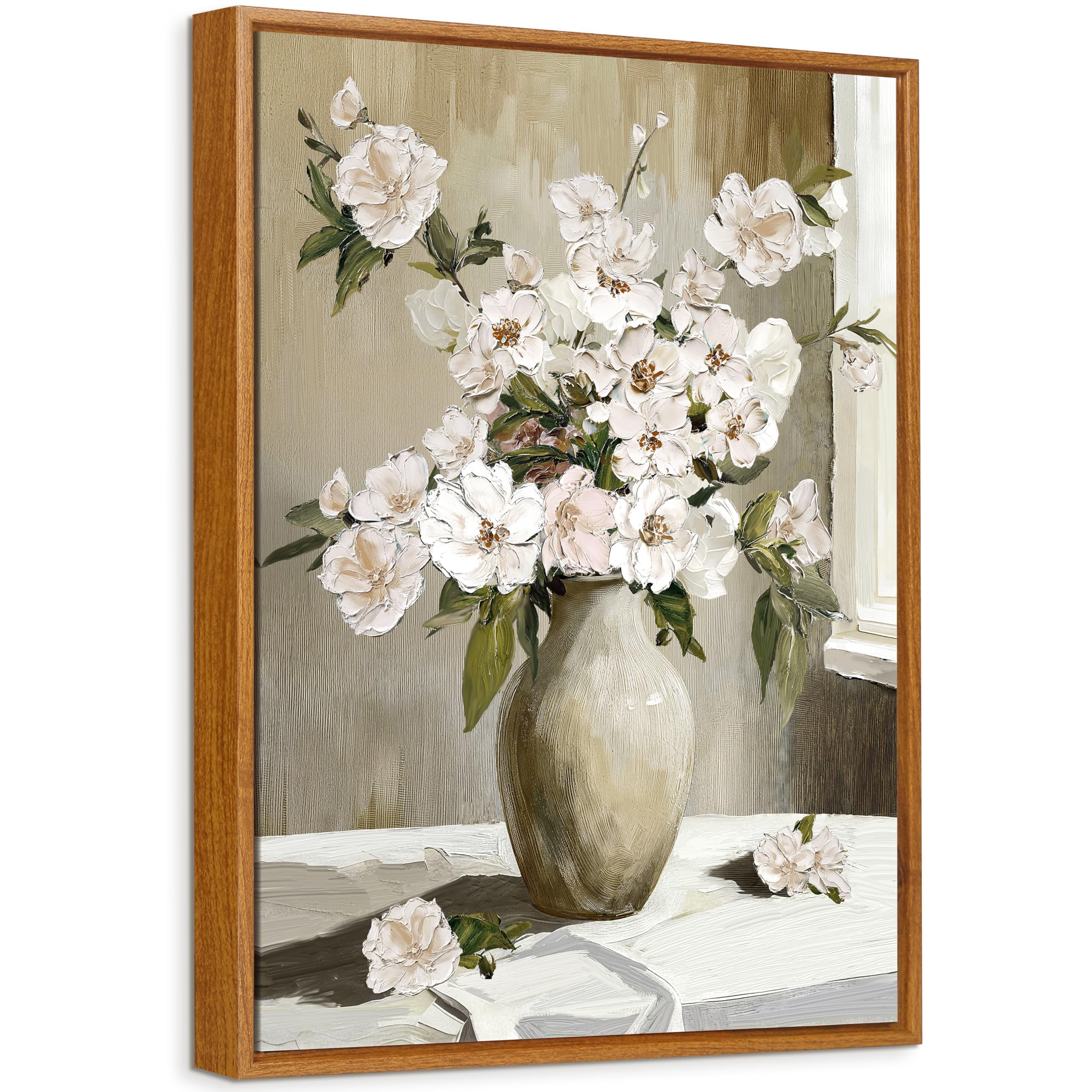 White Pink Flower Framed Canvas Wall Art Floral Aesthetic Painting on Canvas Prints for Wall Poster Vintage Rustic Botanical Pictures for Living Room Bedroom Hallway Decor 40x60cm (No Acrylic Glass) โ image 1