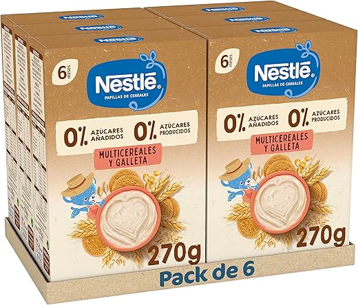 Nestlé 0% 0% Papilla de Cereales Multicereales con Galleta, a partir de los 6 meses, 6 x 270 g