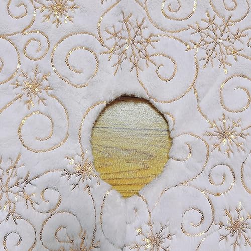 Vista 130 de Faldones de felpa para árbol de Navidad, 36 pulgadas, tapete de lujo de piel sintética blanca nevada con copos de nieve dorados para decoración