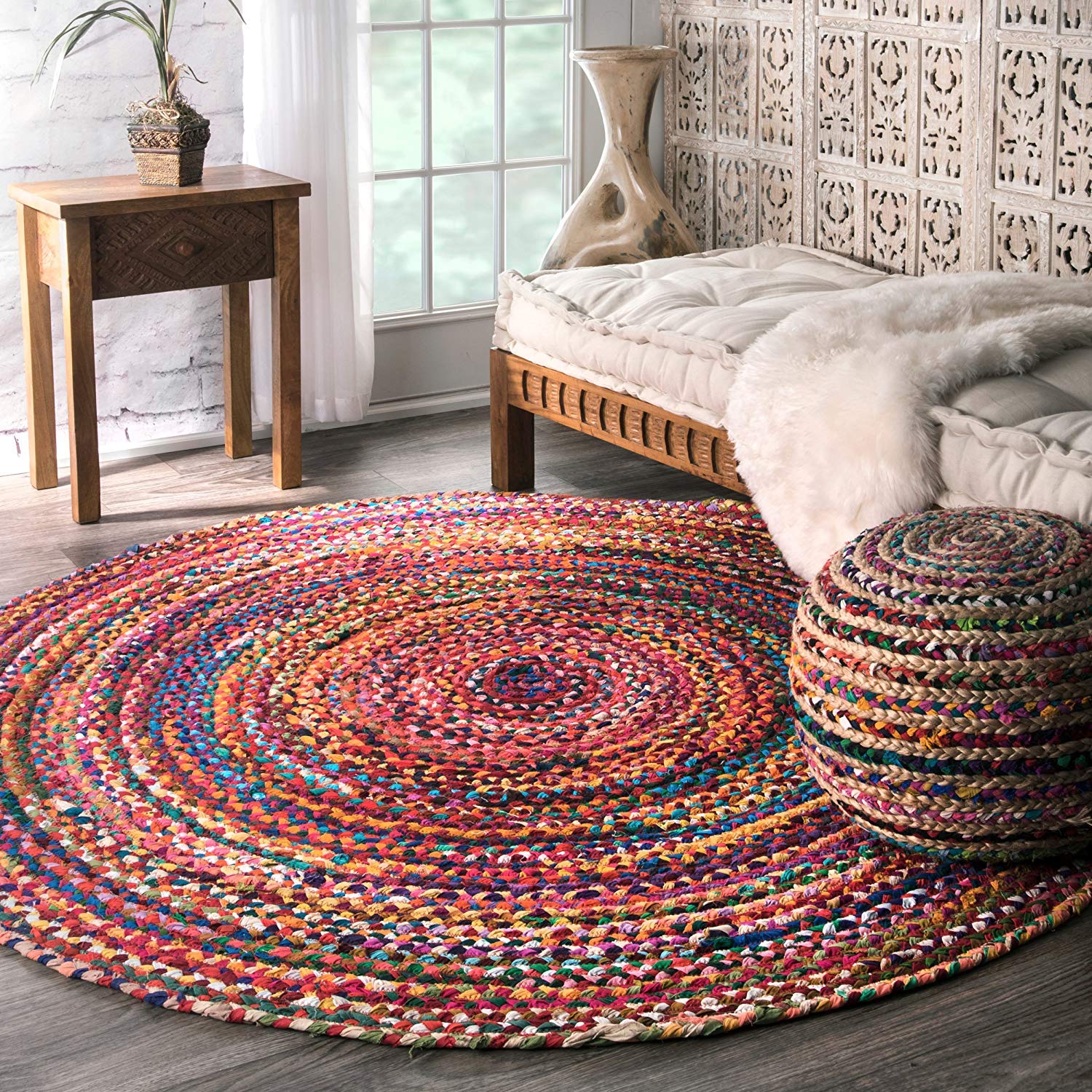 Handgeweven rond vloerkleed van jute en katoen: gevlochten boho-vloerkleed met kwastjes - België