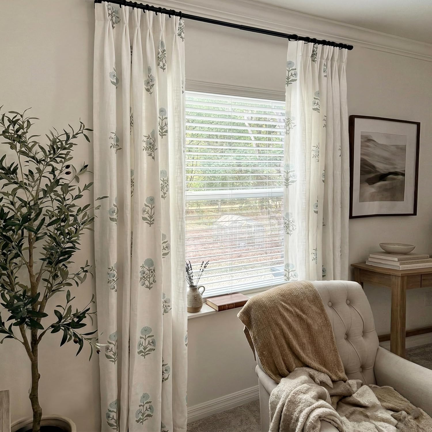 Pinch Pleated Floral Linen Curtains 96 Inch Long 2 Panel Set, Vintage Block Print Blue and Green Patterned Light Filtering Sheer Drapes, Farmhouse Cottage Core Window Curtain for Living Room Bedroom