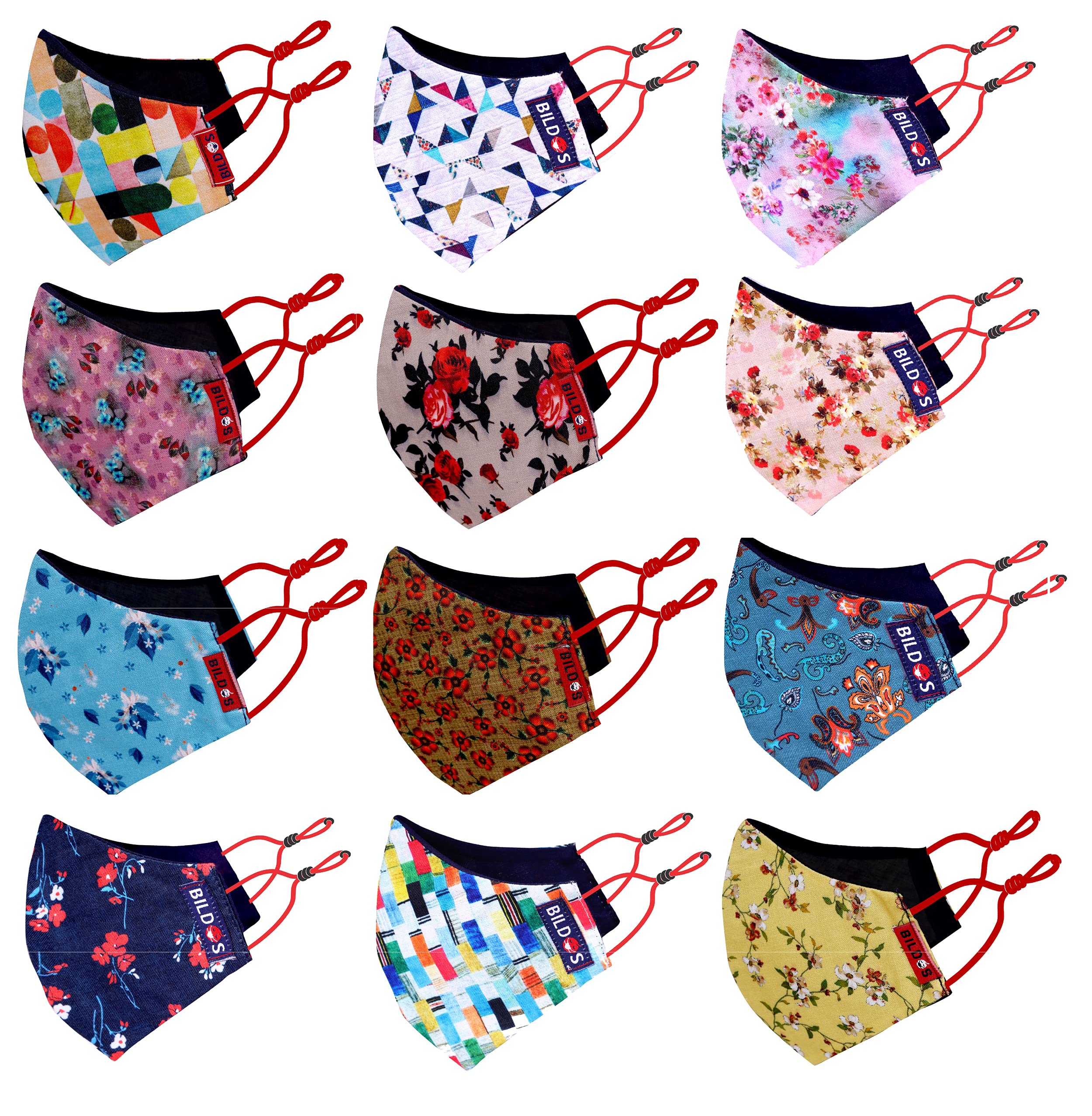 Bildos Cotton Flower & Crystal Printed Cloth Without Valve Super Breathable Reusable Womens & Girls Face Mask with Adjustable Ear Loop (Multicolour) - Pack of 12 (B0992NT25H) Amazon Price History, Amazon Price Tracker