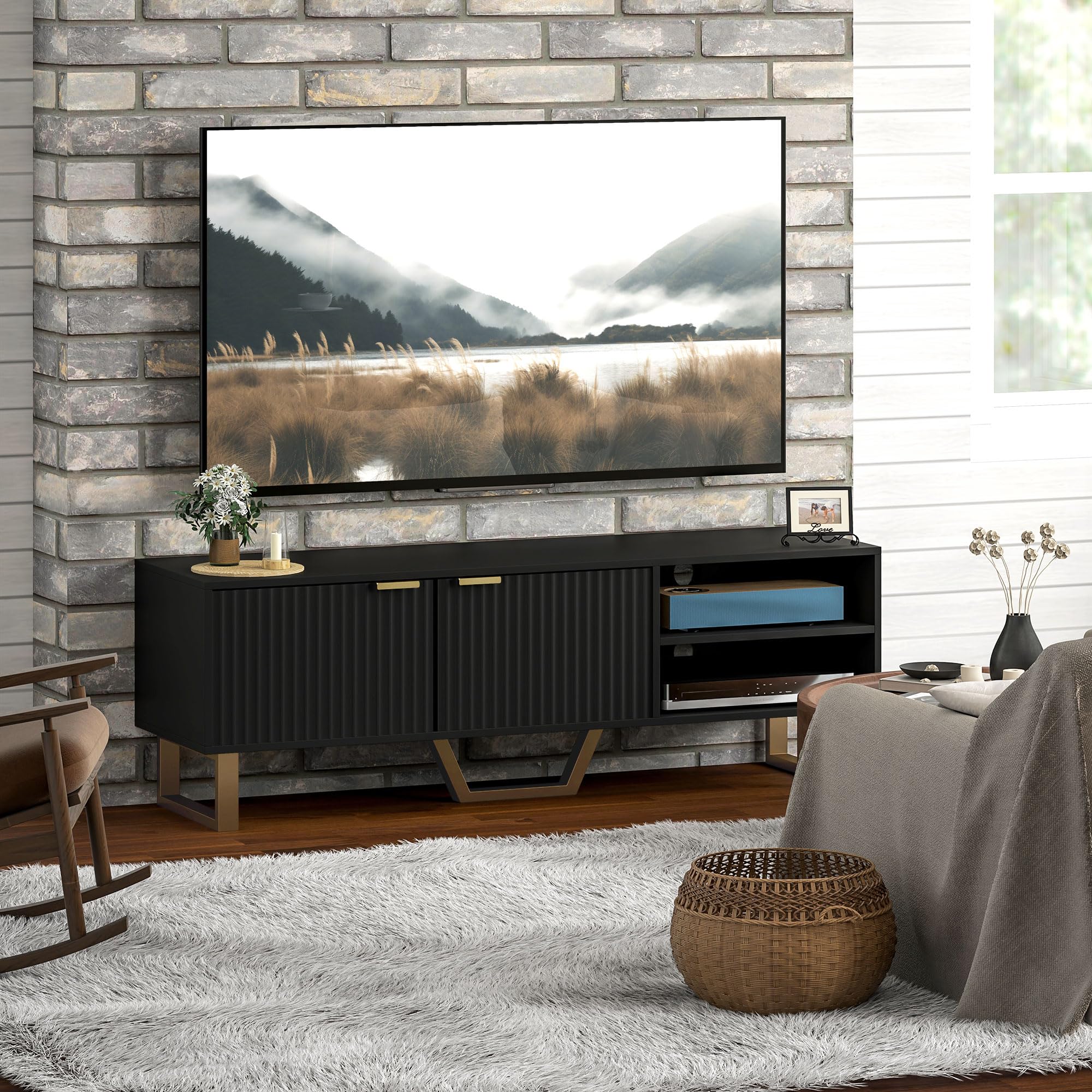 HOMCOM Meuble TV Bois Jusqu'à 70 Pouces 2 Portes 140 x 39 x 47 cm Noir