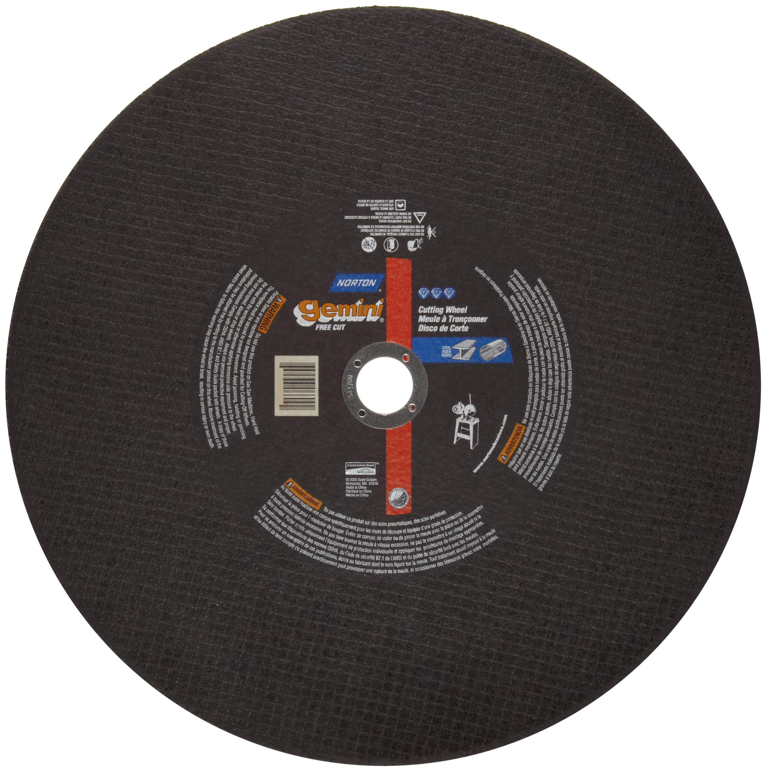 Norton Gemini Free Cut Large Diameter Reinforced Abrasive Cut-off Wheel, Type 01 Flat, Aluminum Oxide, 5/8
