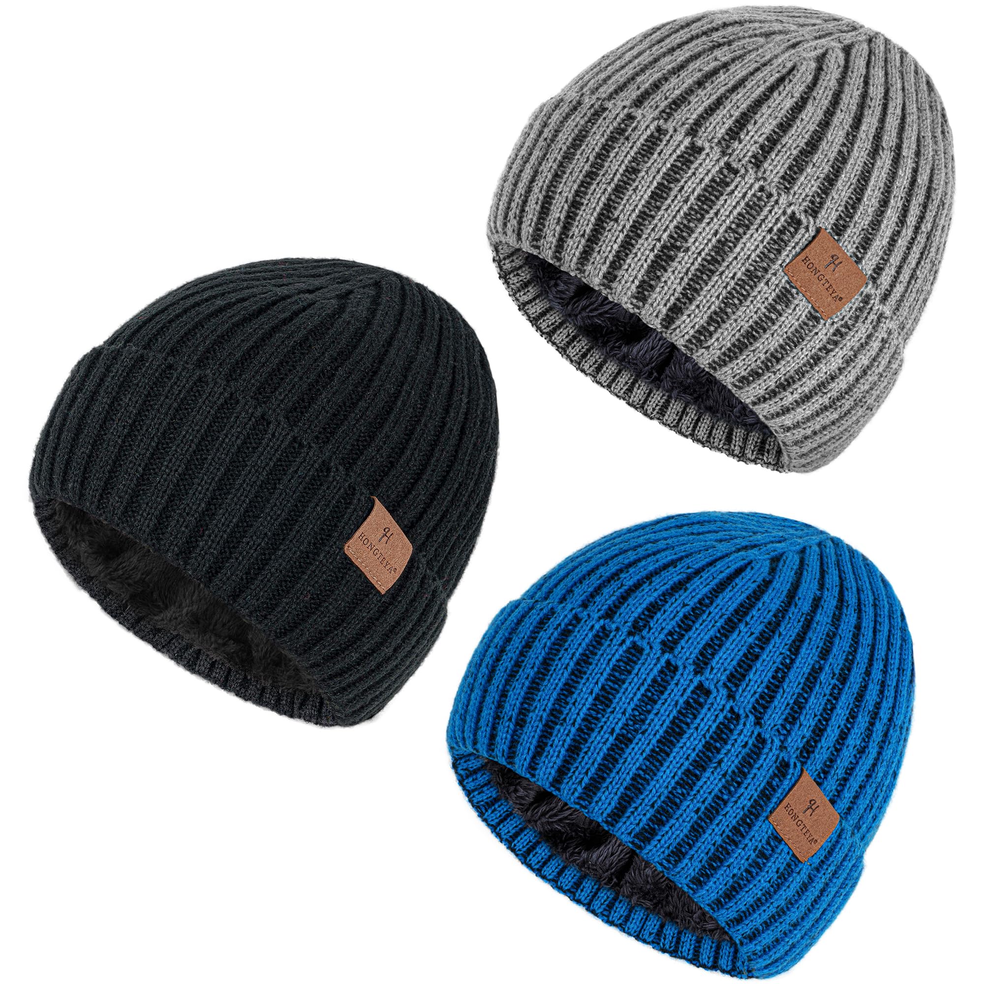 HONGTEYA 3 Pack Winter Beanie for Men Women Thicken Thermal Plush Lined Beanie Fashion Warm Knit Hat for