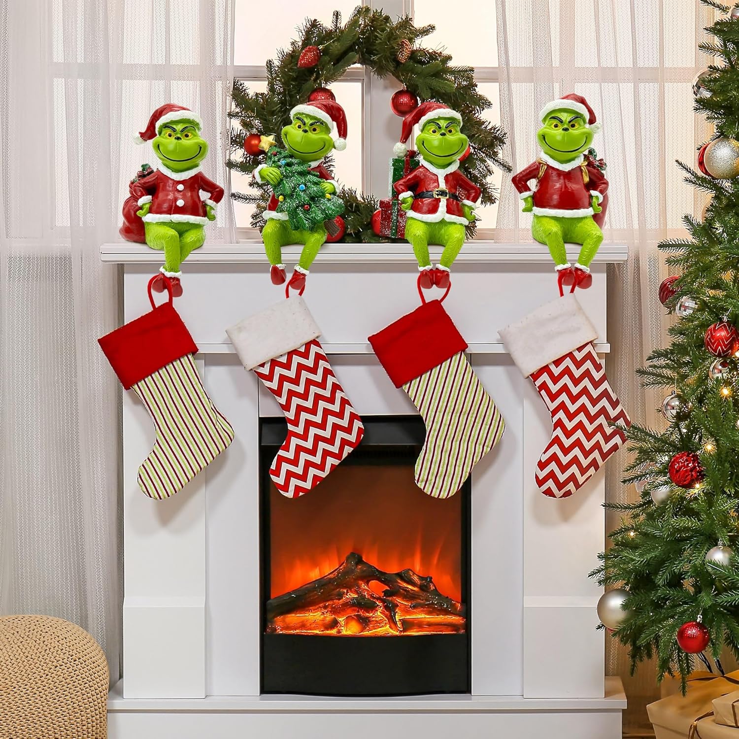 Hexagram Christmas Stocking Holders Set of 4, Christmas Stocking Hangers for Mantel, Xmas Green Mantle Hooks for Stockings Holder
