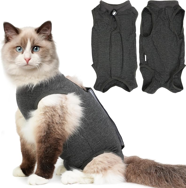 Roupa de Recuperação Pós-Cirúrgica para Gatos Hpetppy com Ajuste em Velcro Cinza-Escuro, Tamanho Grande
