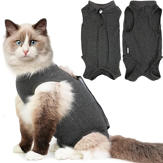 Cat Recovery Suit for Spay Abdominal Wounds, Kitten Onesie Bodysuit for Cats After Surgery, Cat Surgery Recovery Suit Female Cone of Shame Alternative for Cats Anti Licking (Dark Grey M)