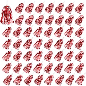 54PCS Cheerleading Pom Poms Metallic Foil Plastic Pom Poms with Baton Handle for Game Sports Red White