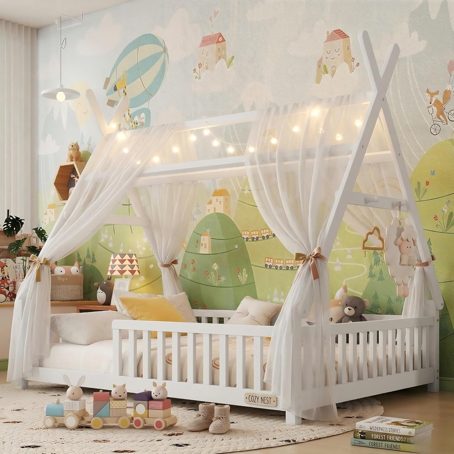 Teepee Floor Bed for Kids, Full Size Montessori Beds with Rails & LED Light, Detachable Floor Tent Bed with Slats and Hanging Rack, Wood House Bedframe for Boys Girls, White