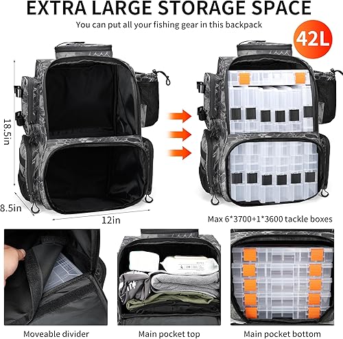 Miniatura 3 de Rabjen Mochila de aparejos de pesca con soportes para caña, soporte para botellas, bolsa de almacenamiento, tienda de equipo de pesca Camuflaje